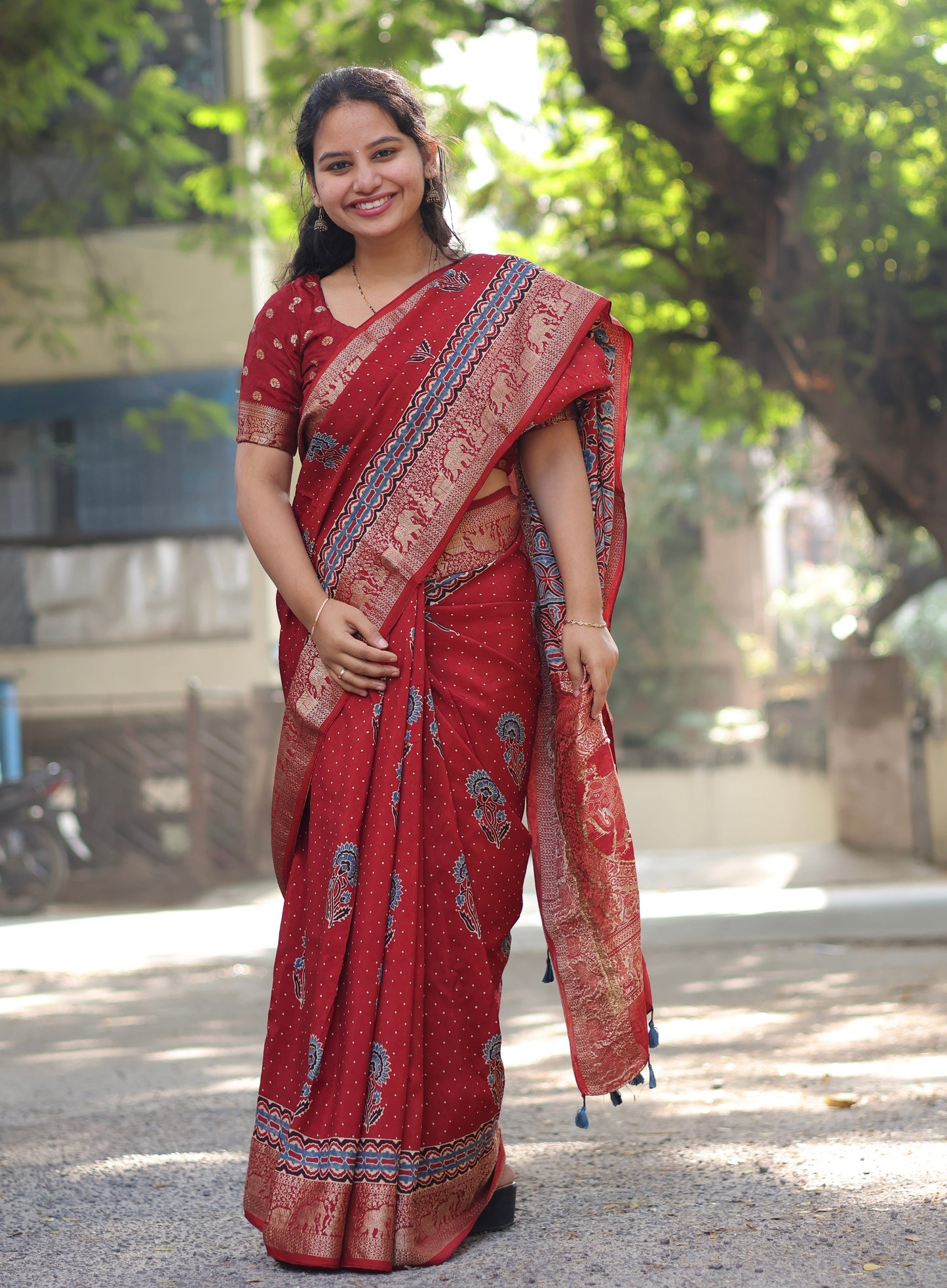 Red Ajrakh Dola Silk Saree