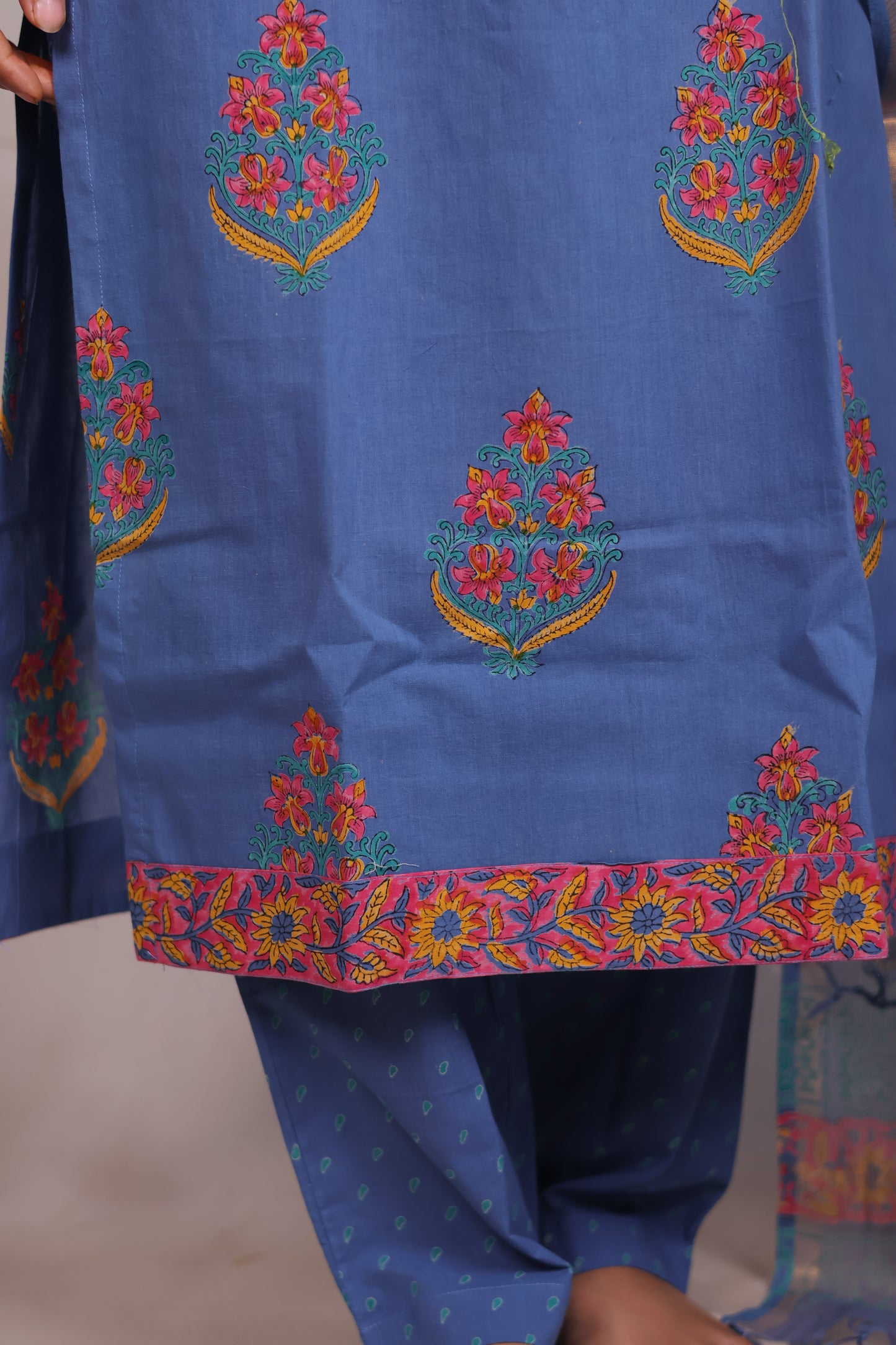 Blue Handblock printed Pure Mul Cotton with Kota Duppata 3 piece suit (stitched)