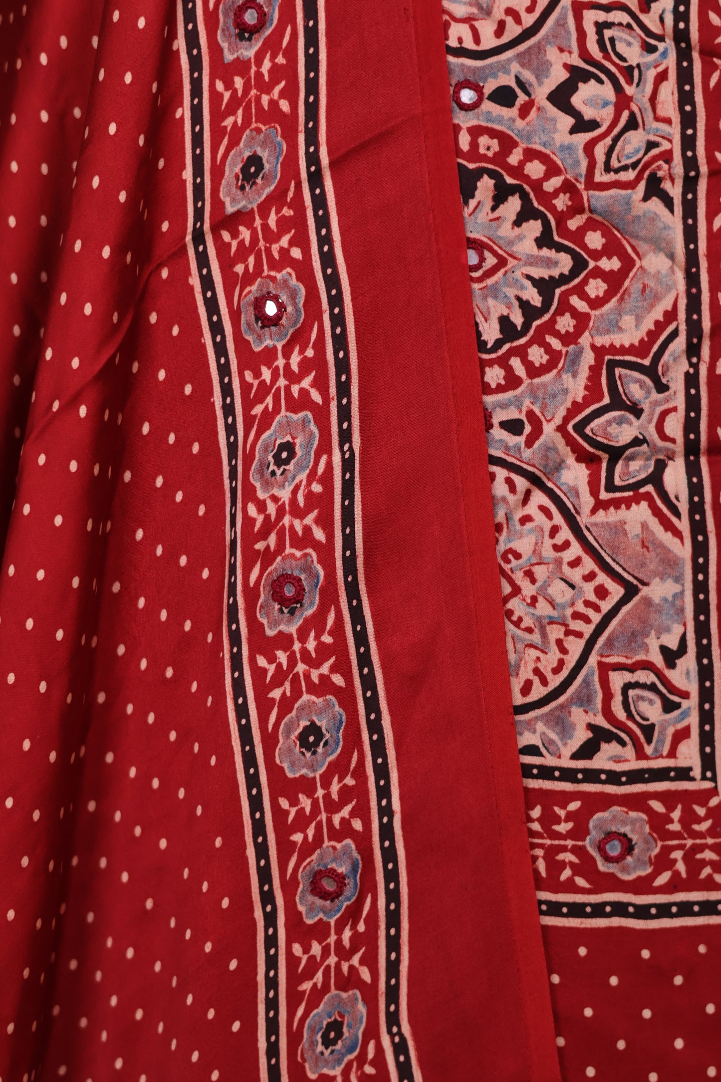 Mirror Work Maroon Ajrakh Handblock Printed Modal Silk 2 Piece Suit Set | Looms & Tassels