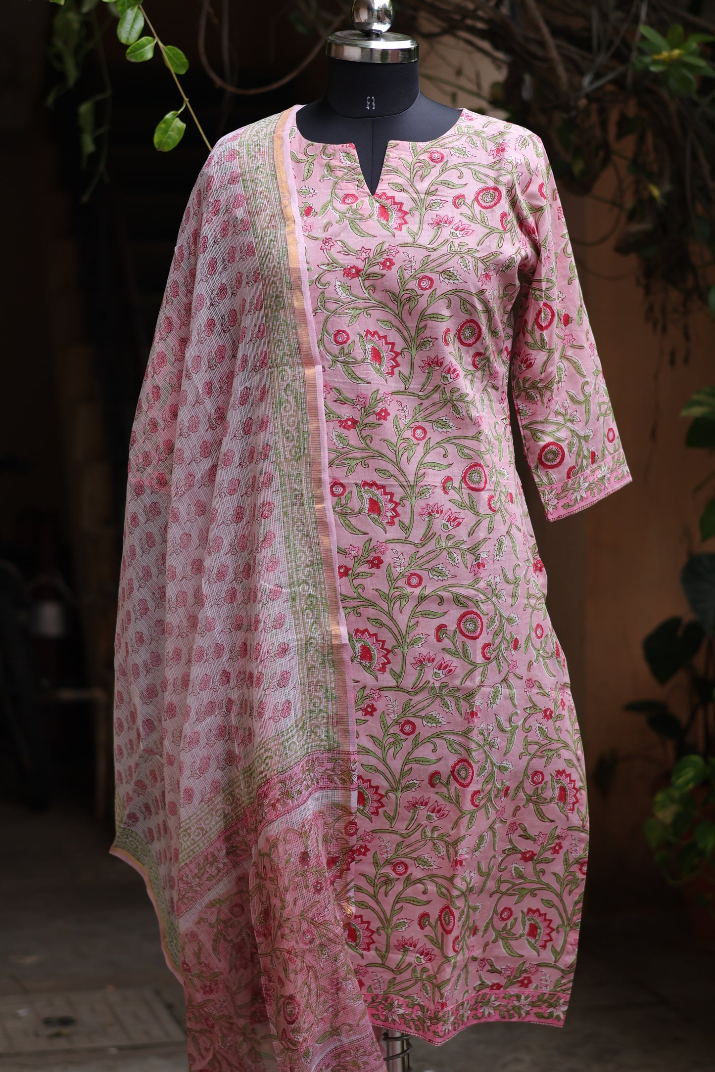Pink Handblock printed Pure Mul Cotton with Kota Doria Duppata 3 piece suit (stitched)