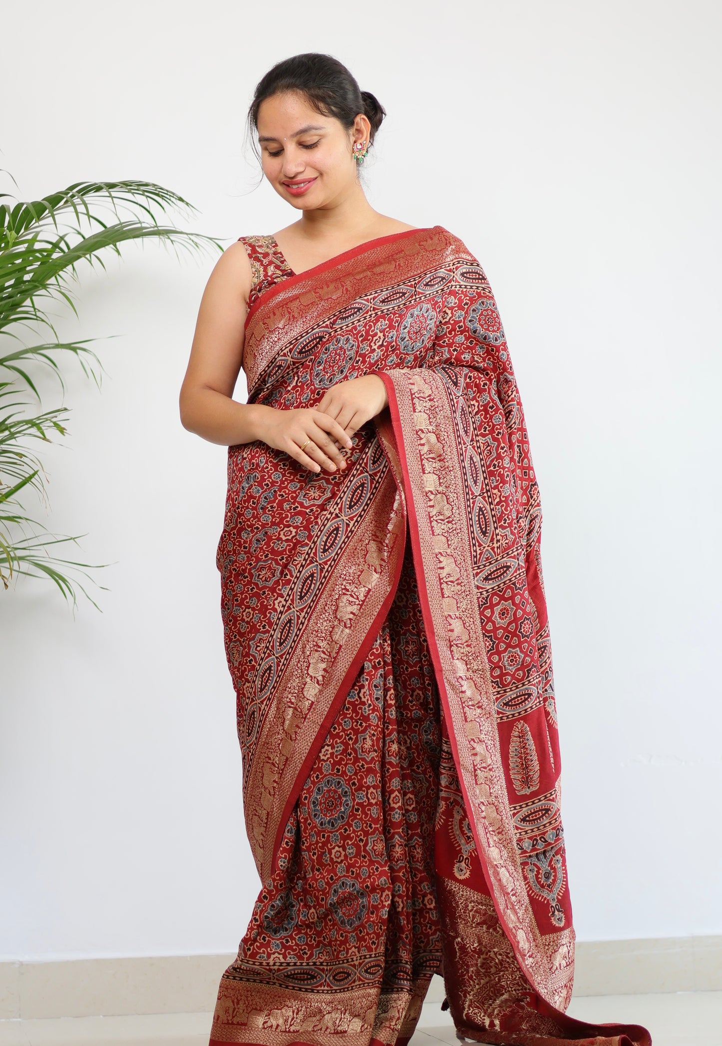 Red Ajrakh Dola Silk Saree
