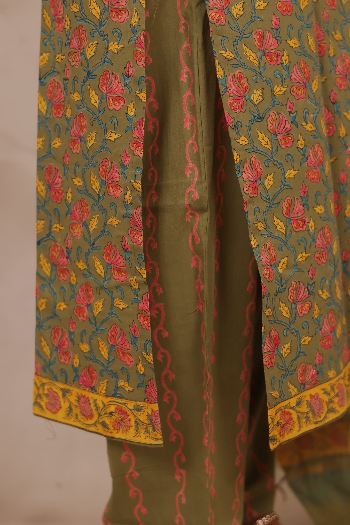 Mehendi Green Handblock printed Pure Mul Cotton with Kota Doria Duppata 3 piece suit (stitched)