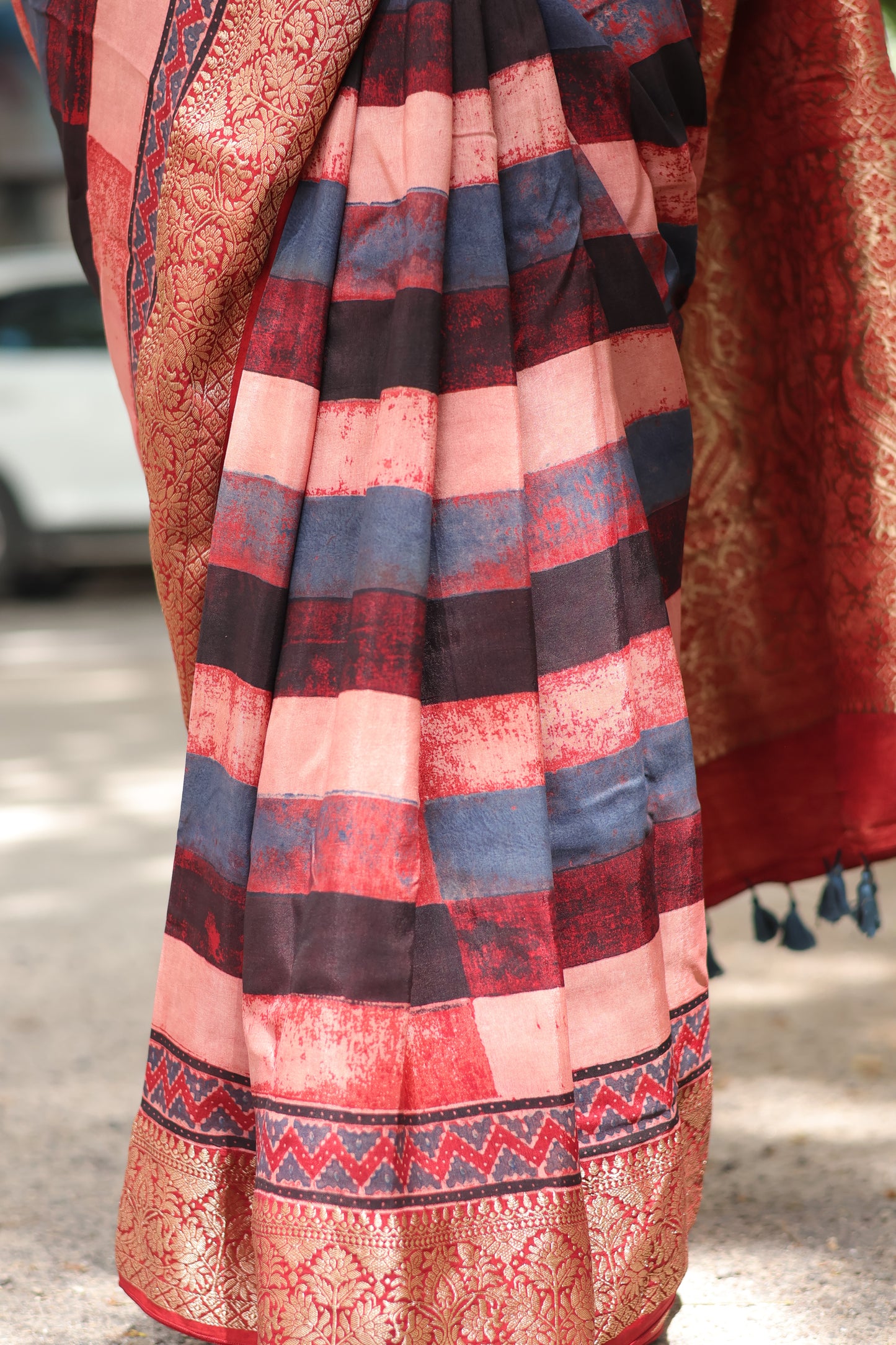 Stripes Contemporary Ajrakh Dola Silk Saree