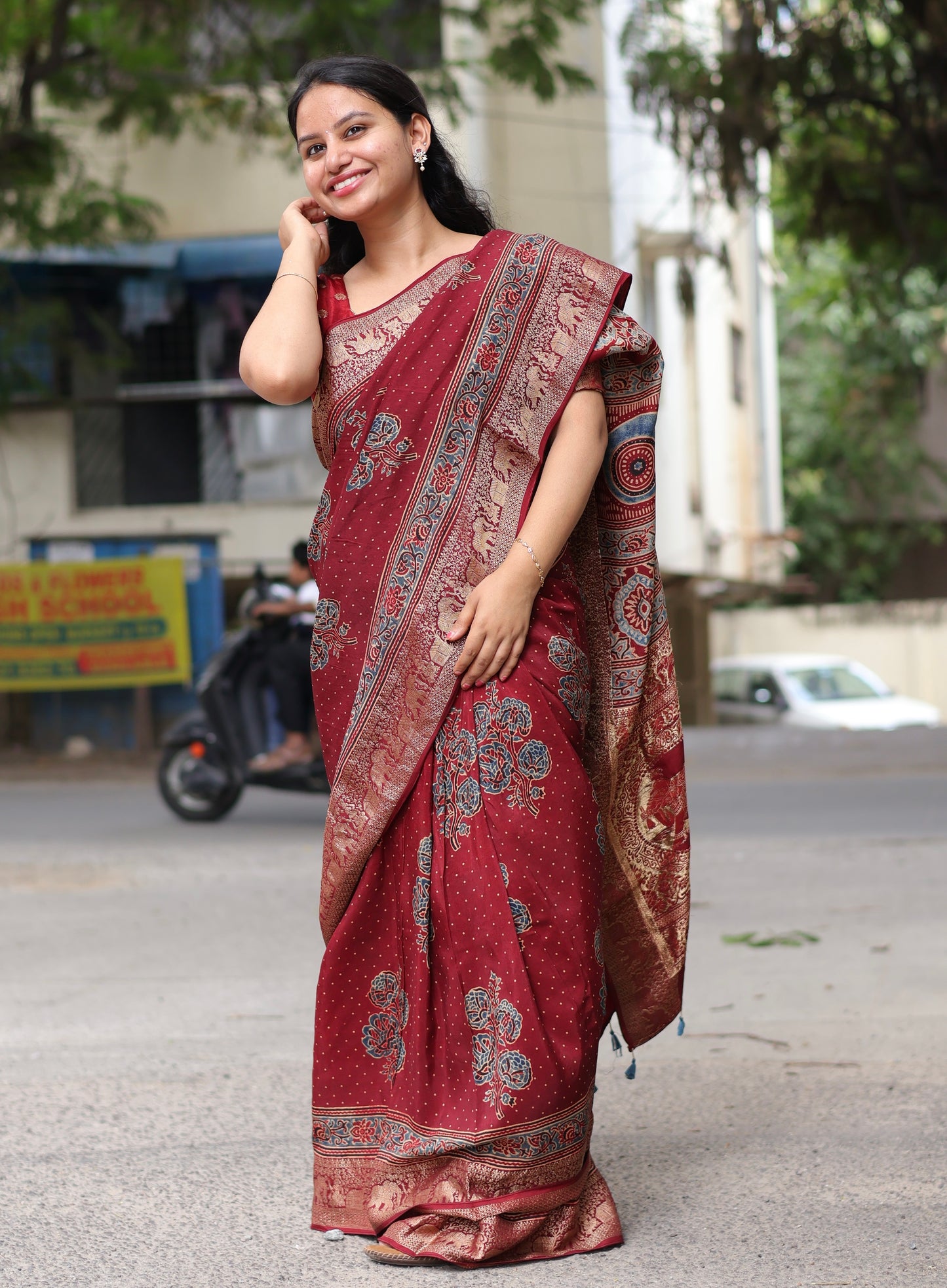Maroon Ajrakh Dola Silk Saree