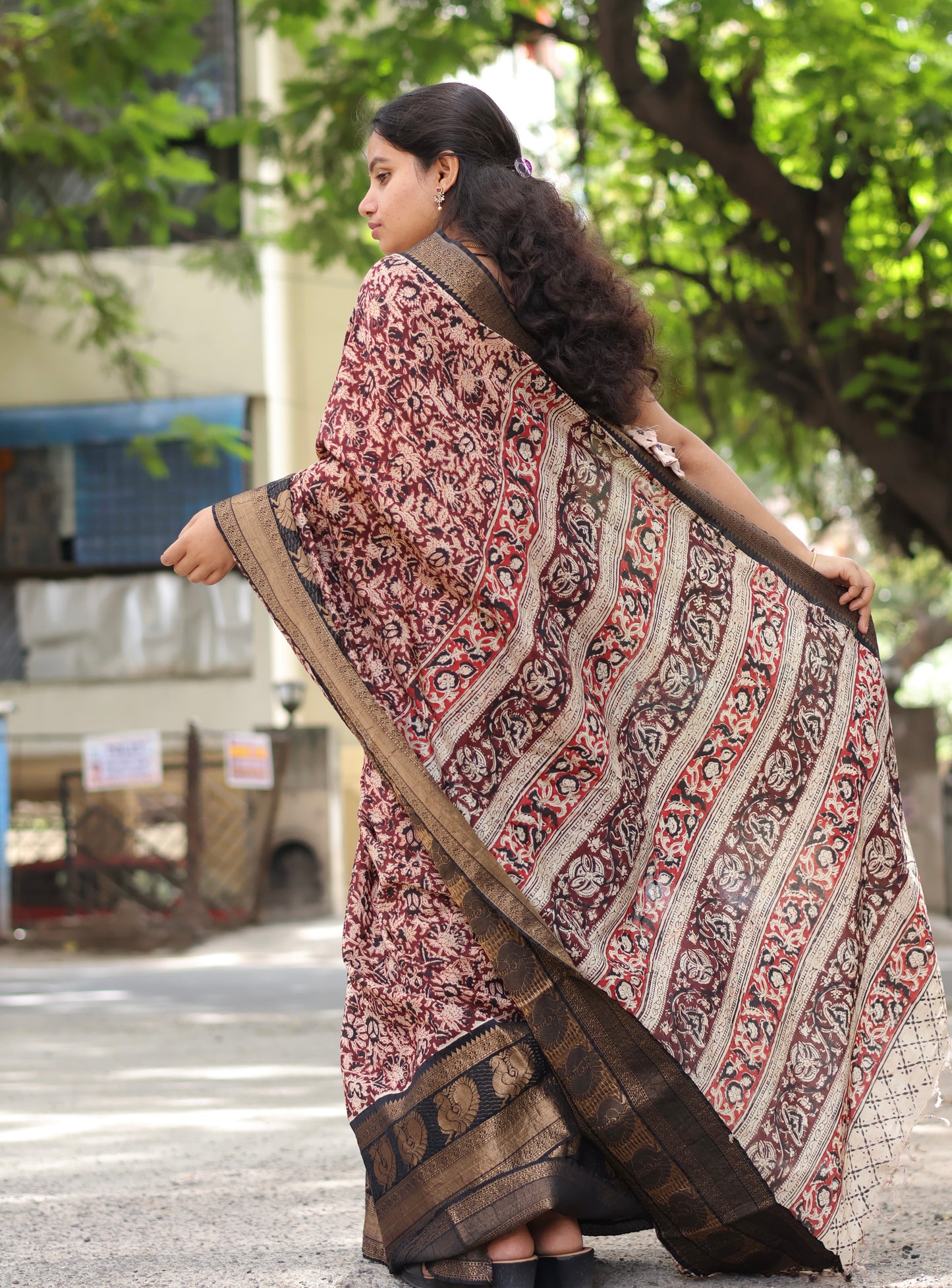 Brown & Black Kuppadam Border Kalamkari Uppada Silk Saree