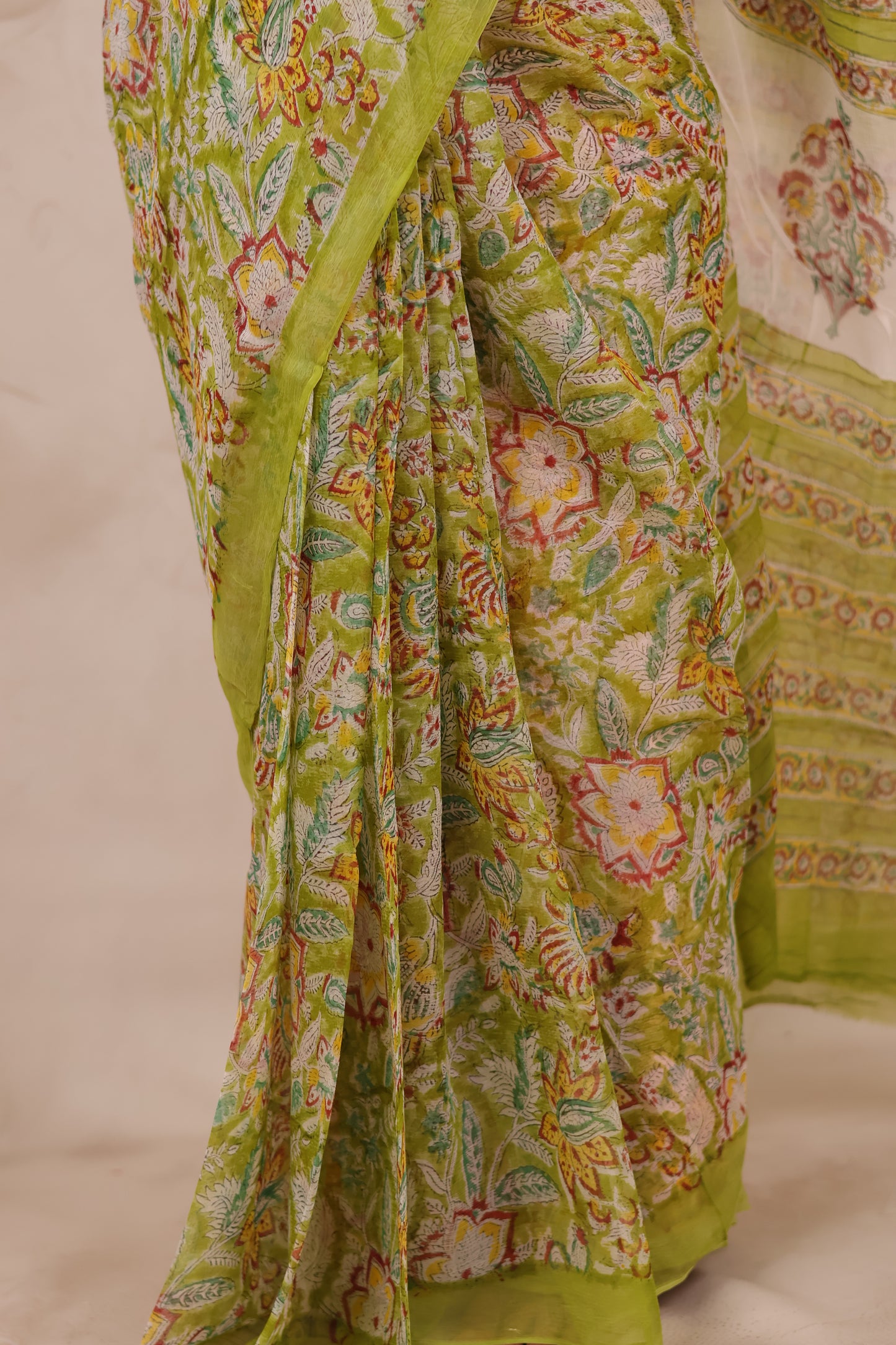 Green Chiffon Hand Block Printed Saree | Looms & Tassels