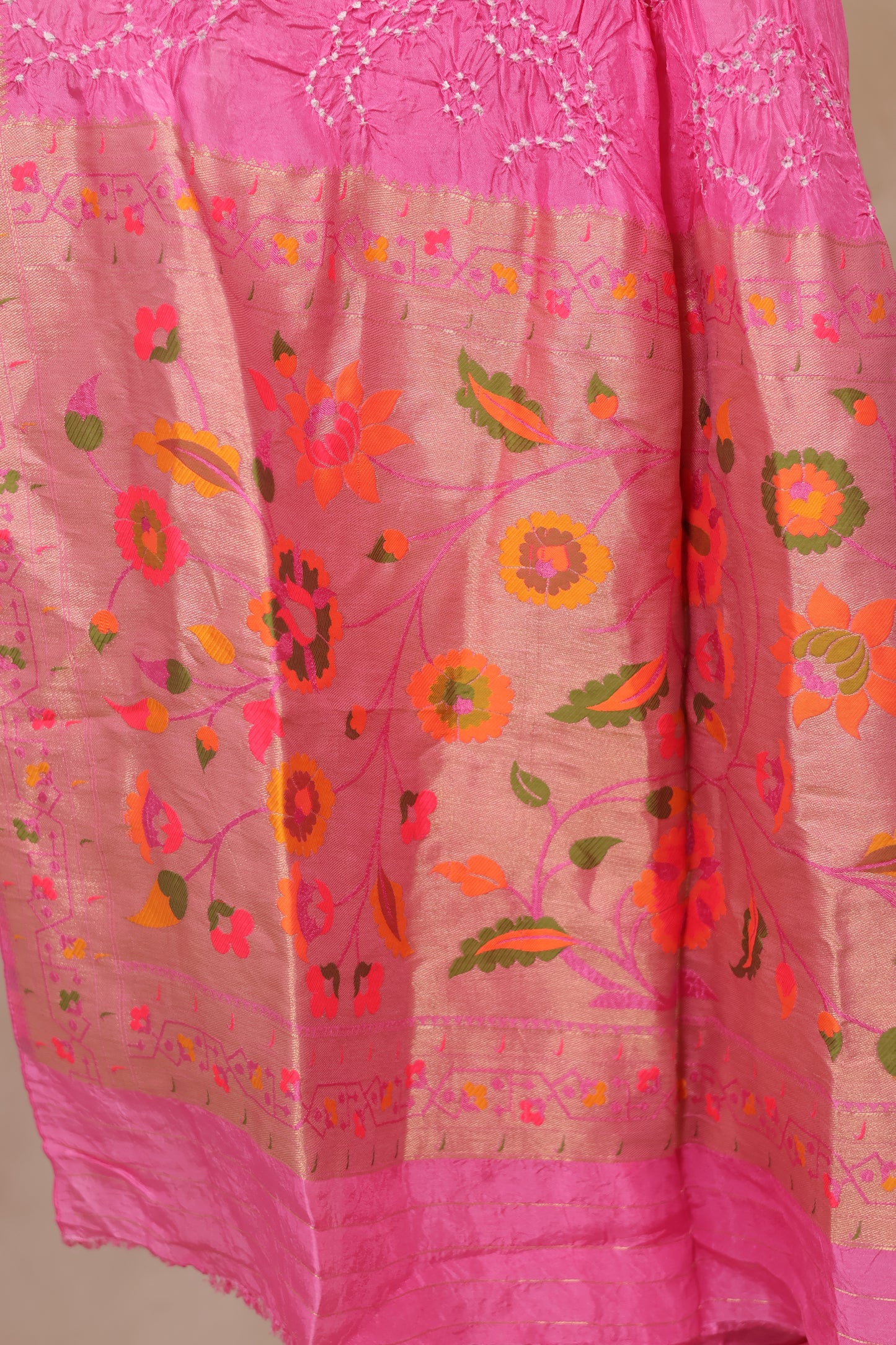 Pink Handcrafted Pattern Bandhani Paithani Dola Silk Saree | Looms & Tassels