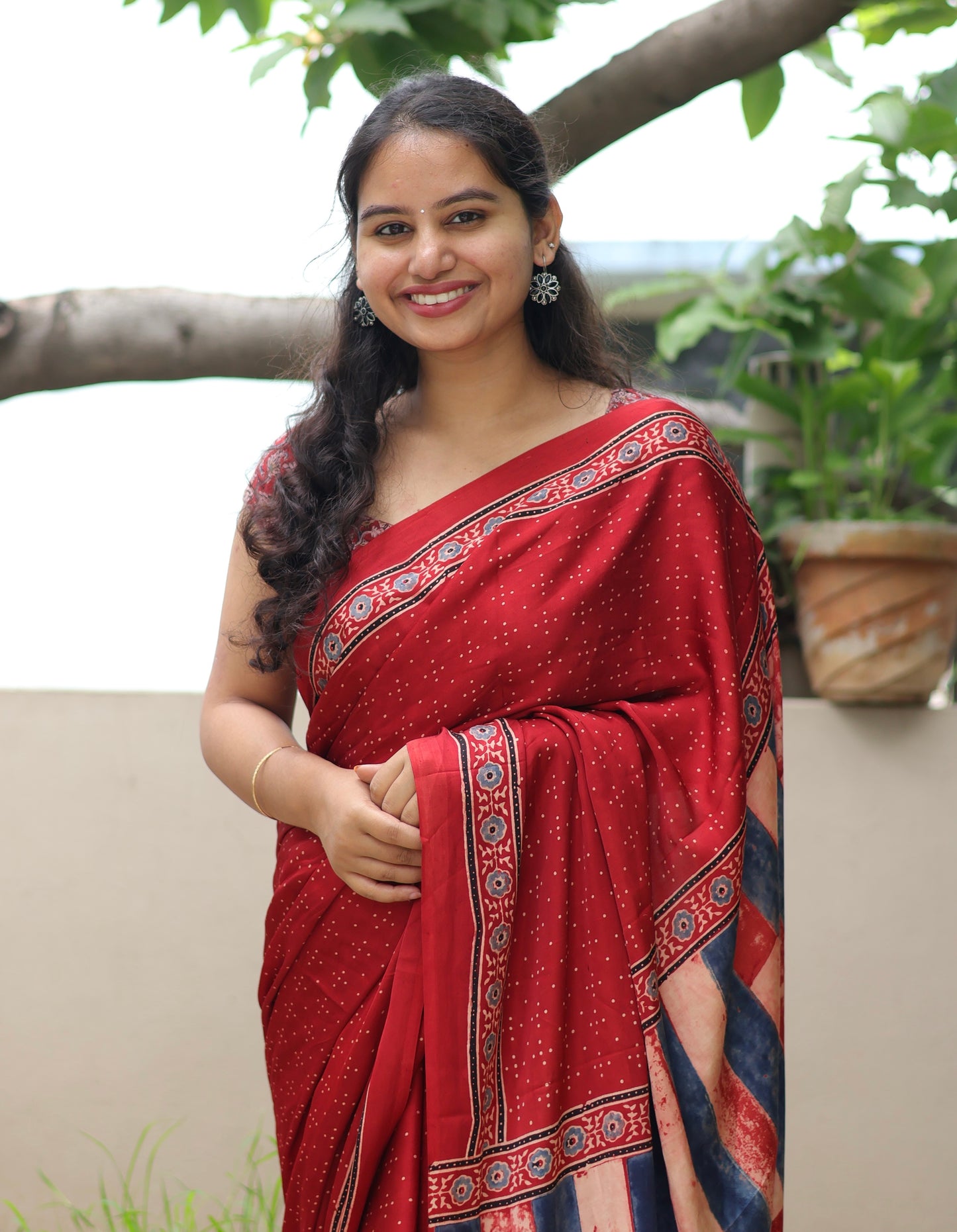 Red Ajrakh Modal Silk Saree