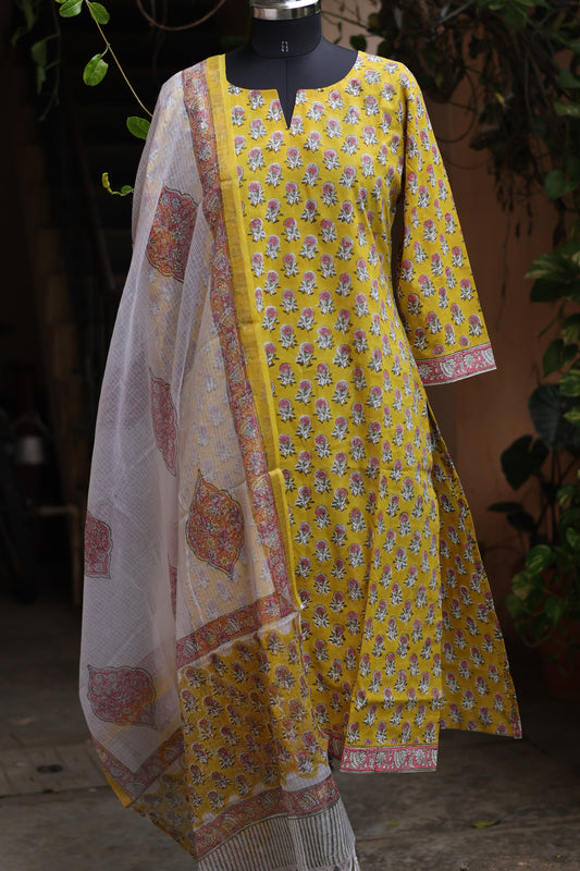 Yellow Handblock printed Pure Mul Cotton with Kota Doria Duppata 3 piece suit (stitched)