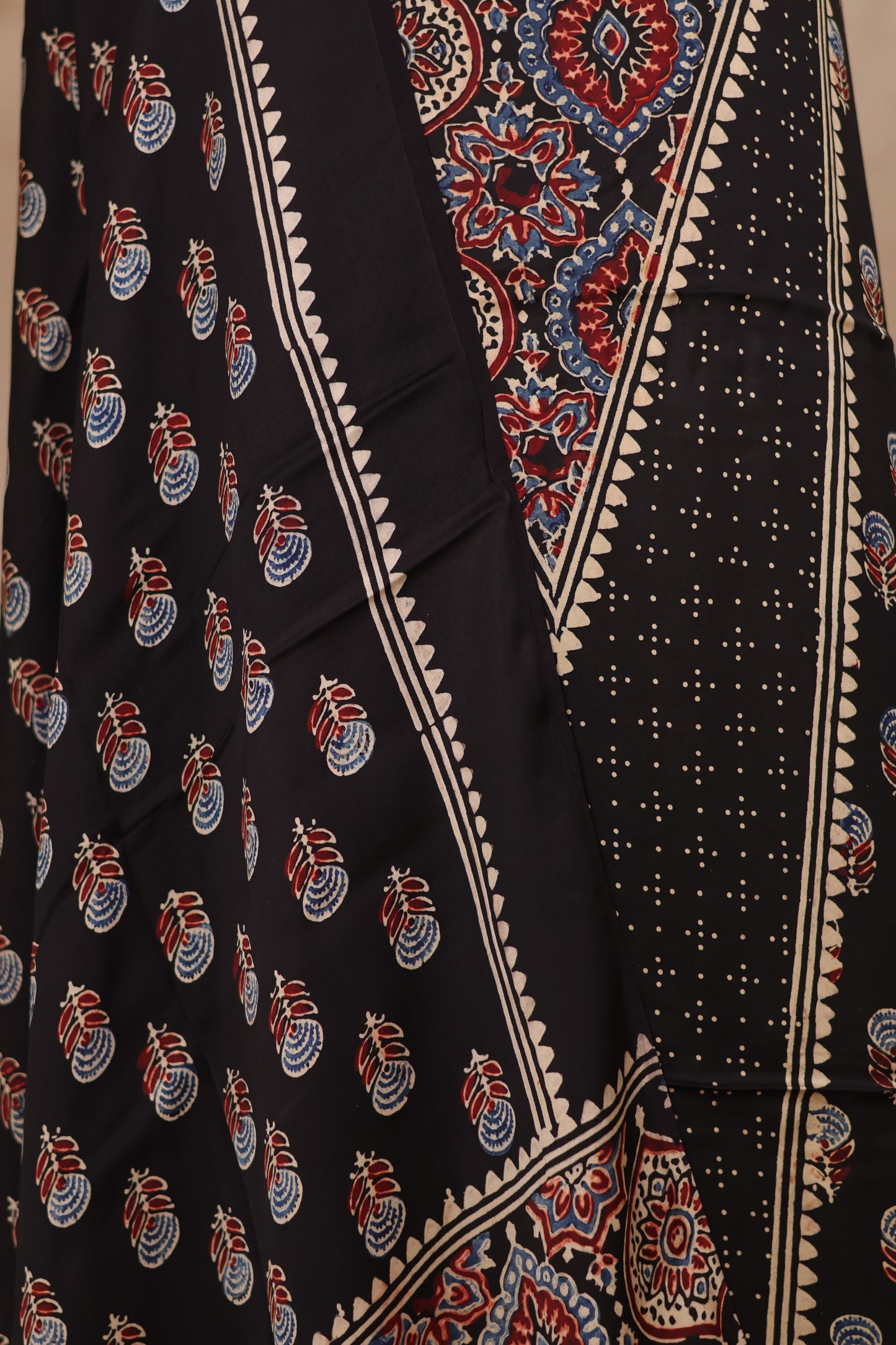 Black Ajrakh Handblock Printed Modal Silk 2 Piece Suit Set | Looms & Tassels