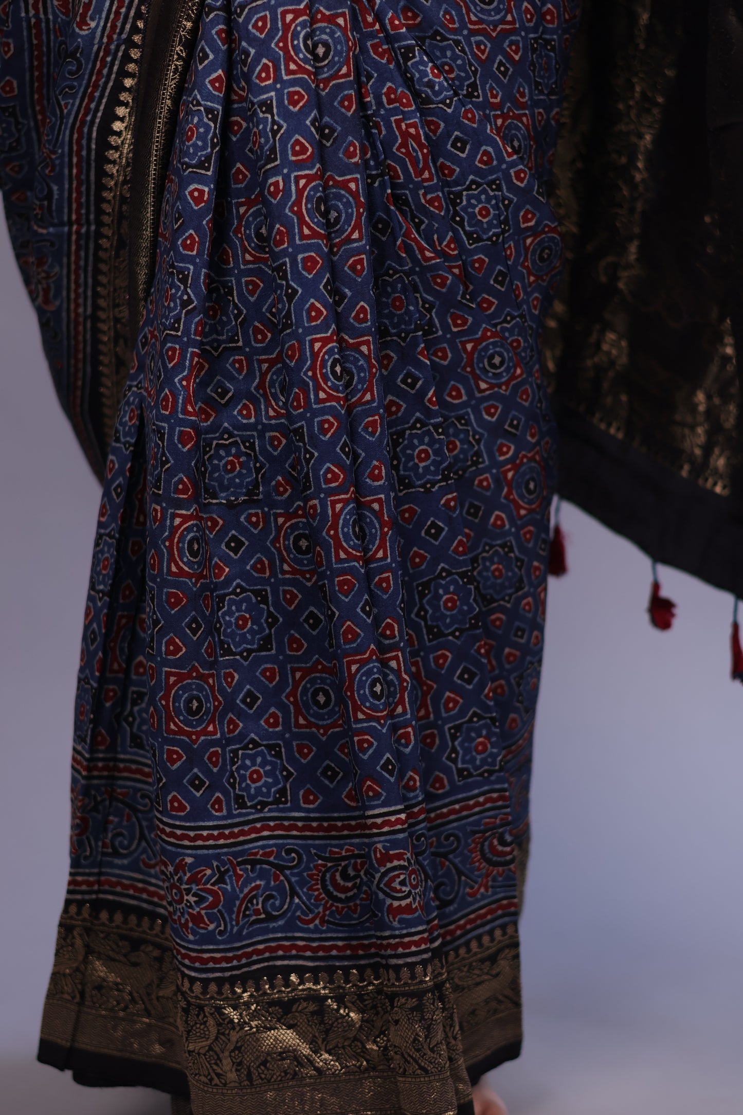 Indigo Blue Geometrical Pattern Ajrakh Handblock Printed Dola Silk Saree | Looms & Tassels