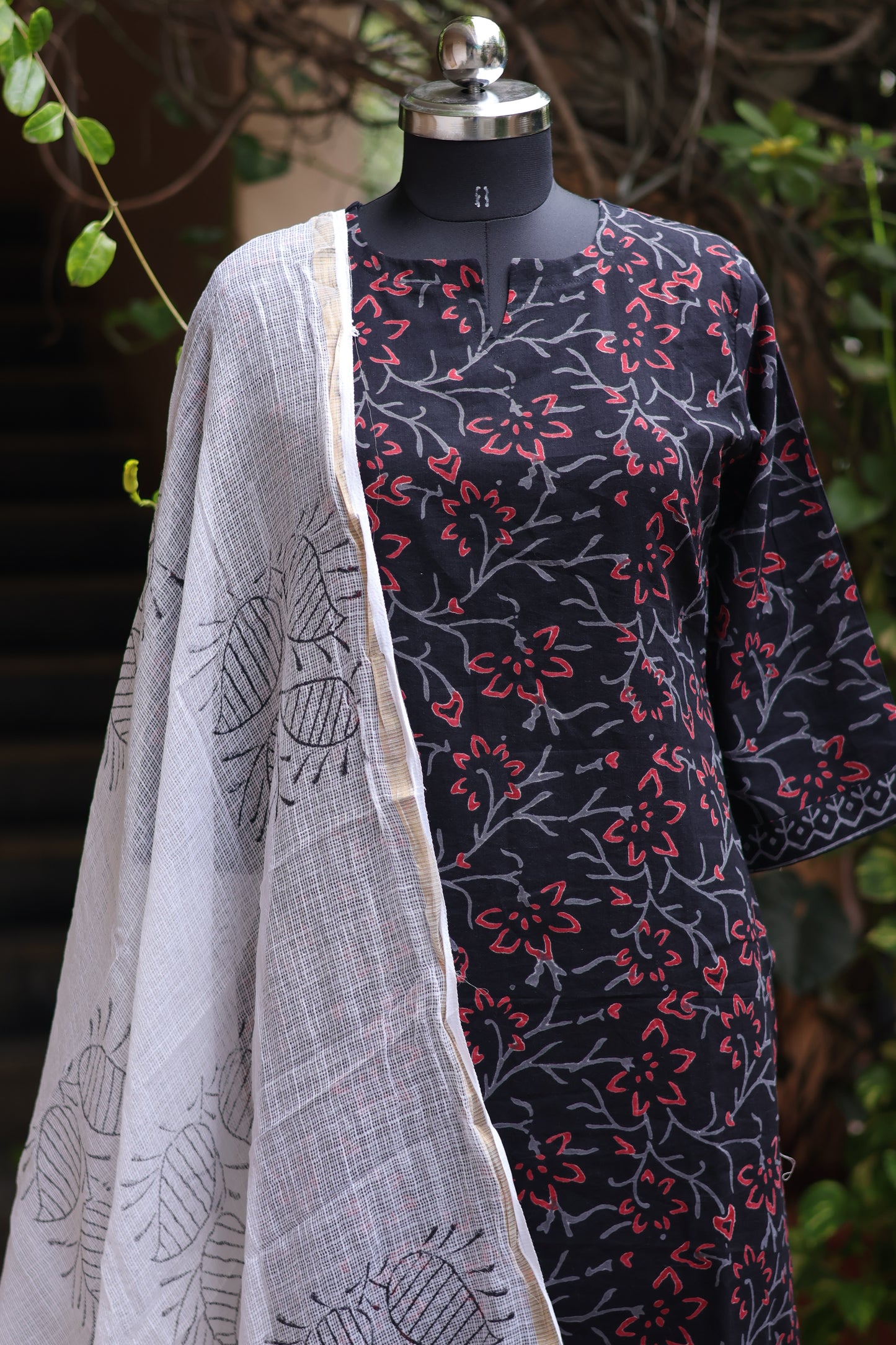 Black Handblock printed Pure Mul Cotton with Kota Doria Duppata 3 piece suit (stitched)