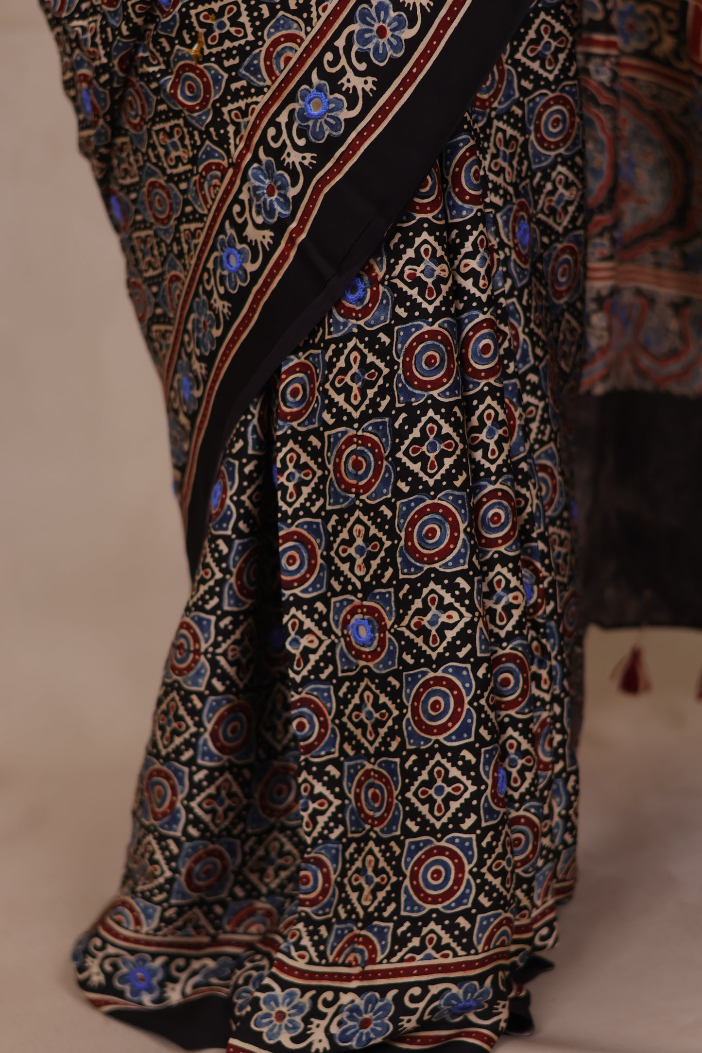Black Handcrafted Ajrakh Modal Silk Saree with Authentic Banjara Mirror Work | Looms & Tassels