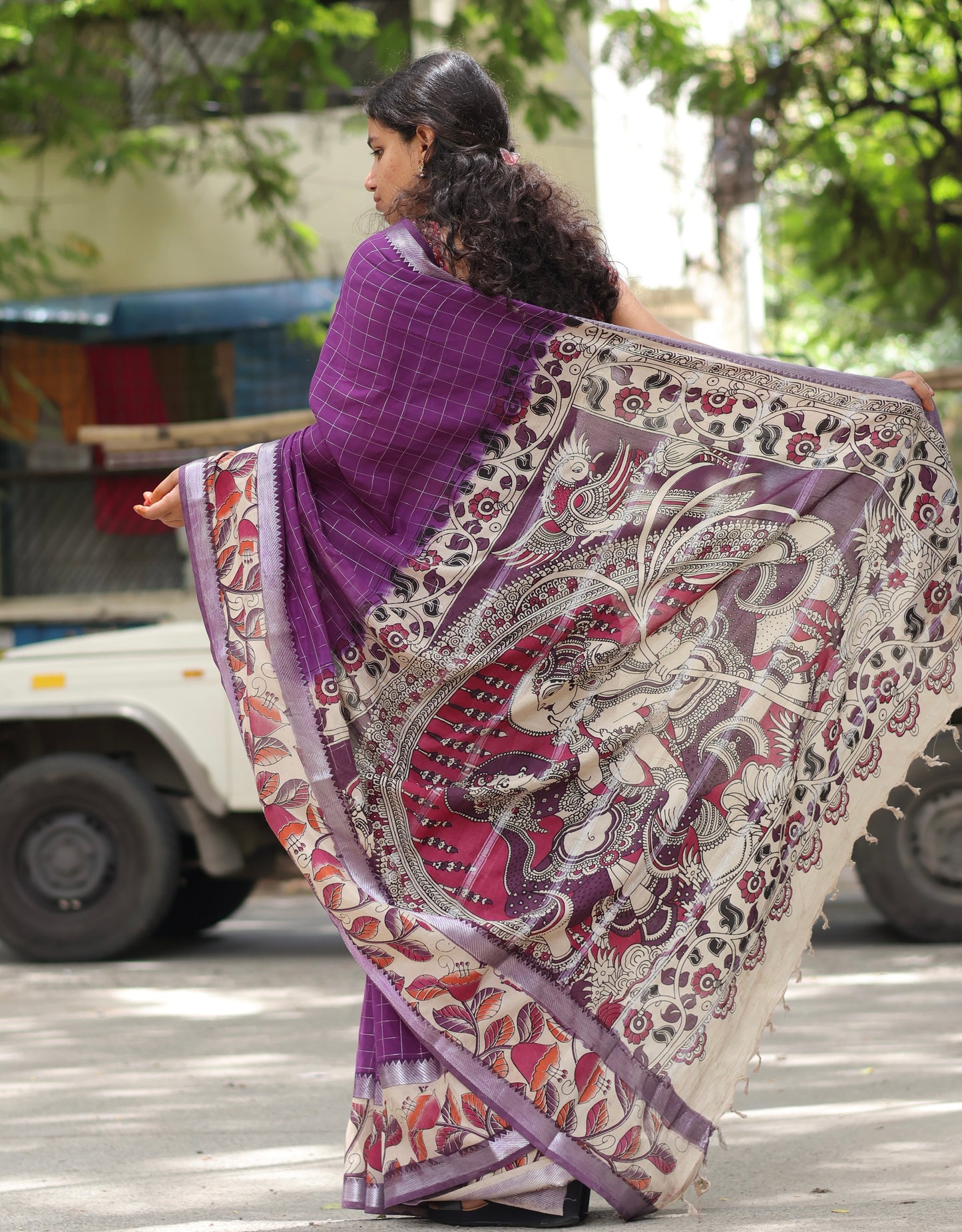 Purple Checks Kalamkari dyeing premium chennur silk saree