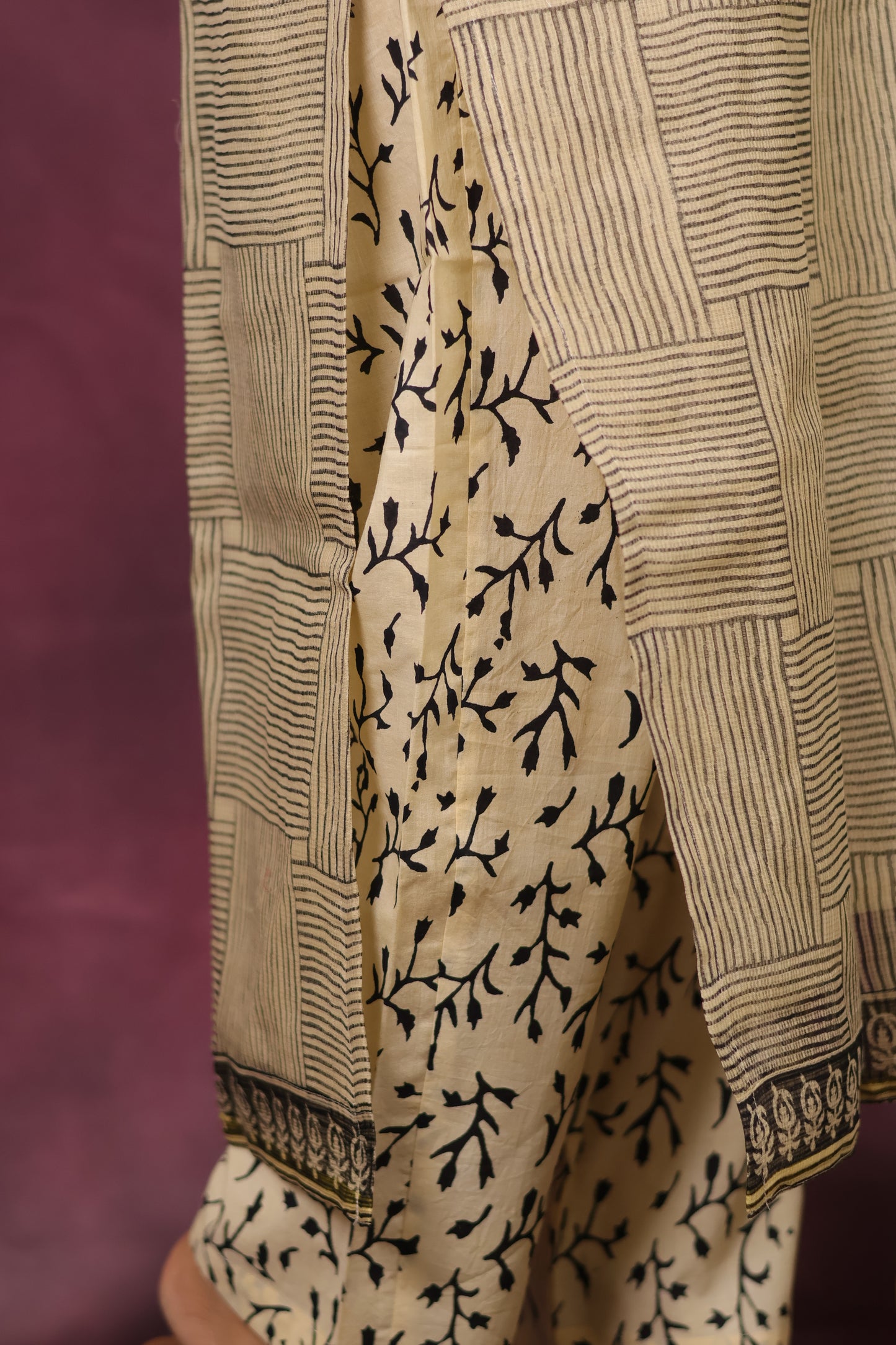 Cream Handblock printed kota 3 piece suit (stitched)