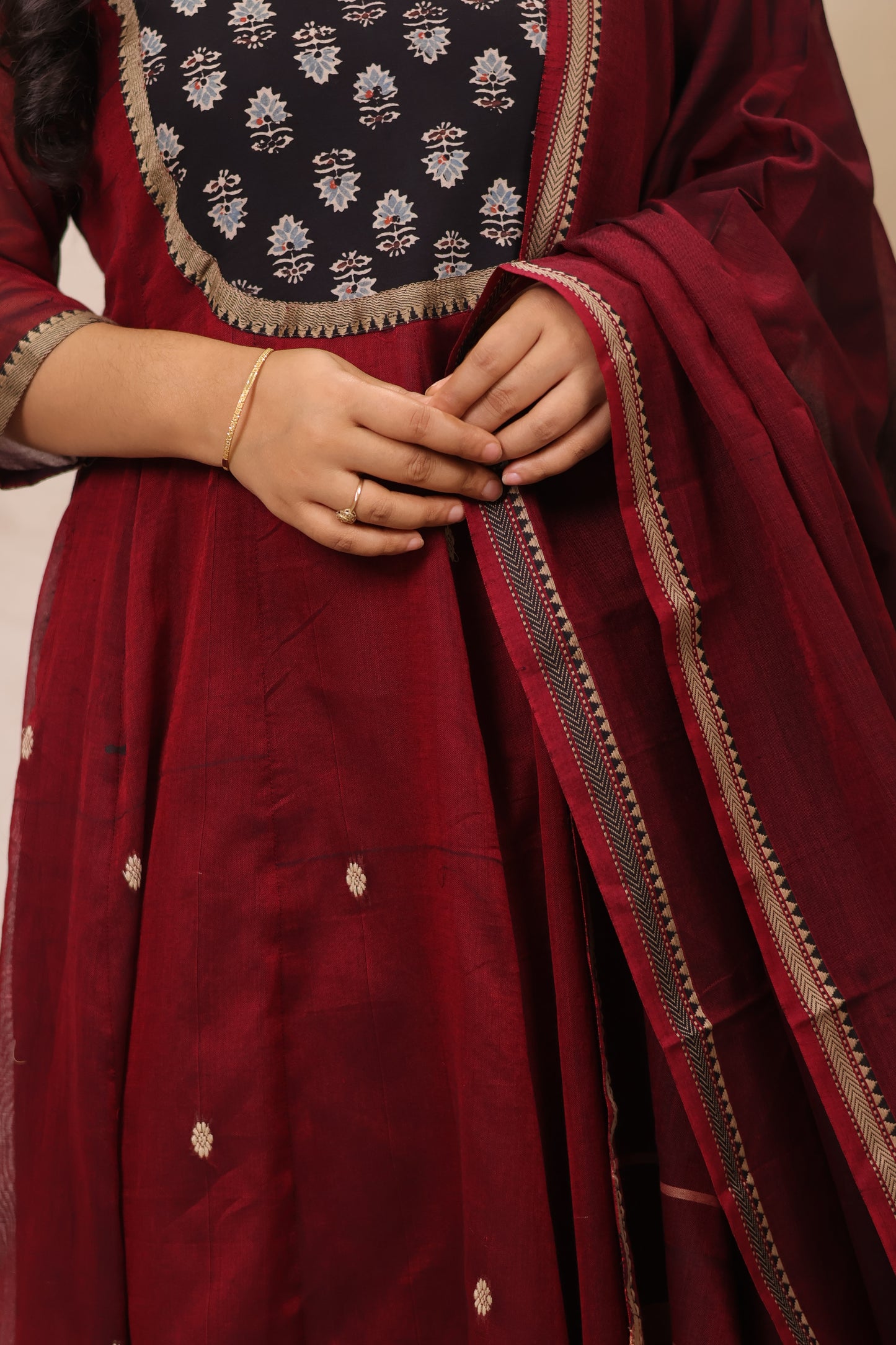 Maroon Ajrakh Patch Work Narayanpet Cotton Anarkali Dress with Narayanpet Dupatta | Looms & Tassels