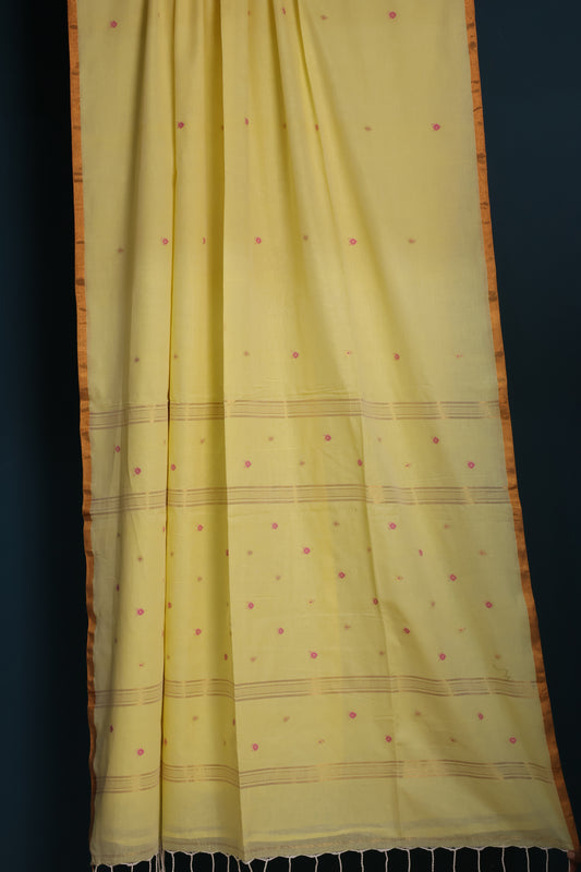 Yellow Pure Handwoven Mercerised Cotton Saree with Mina Jari Butta Weaving