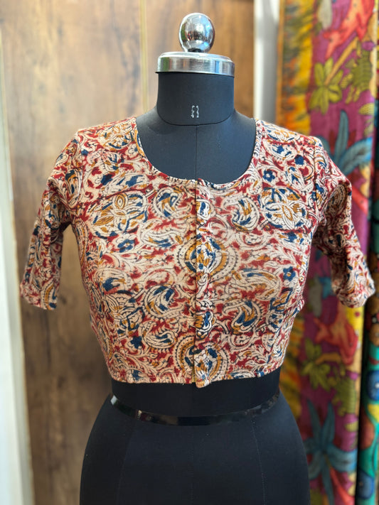 Round neck Stretchable Hand block printed kalamkari blouse with front hooks