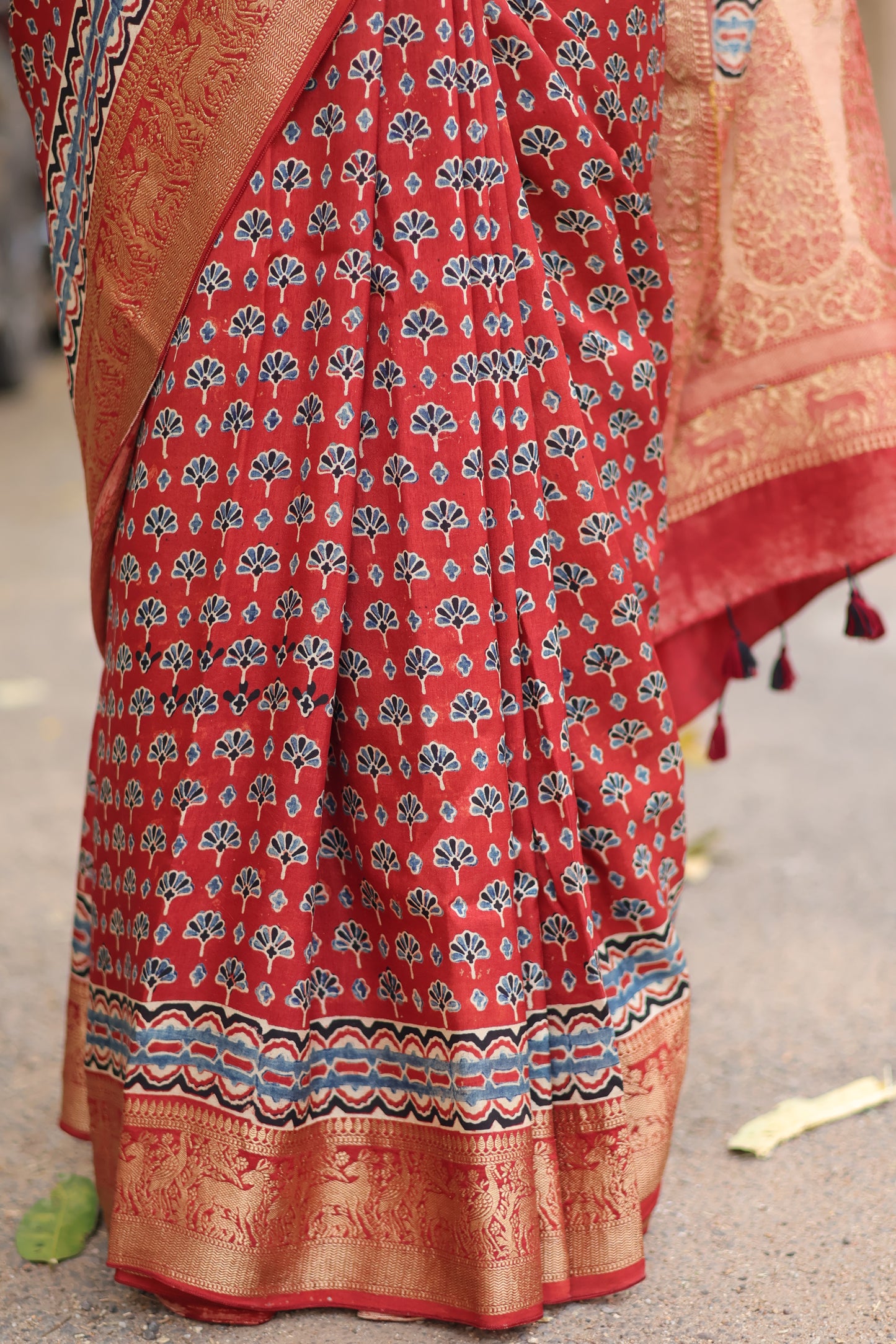 Red Ajrakh Dola Silk Saree