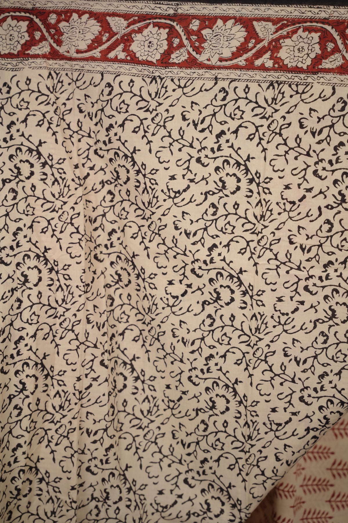 Cream Bagru Handblock printed MulMul cotton saree | Looms & Tassels