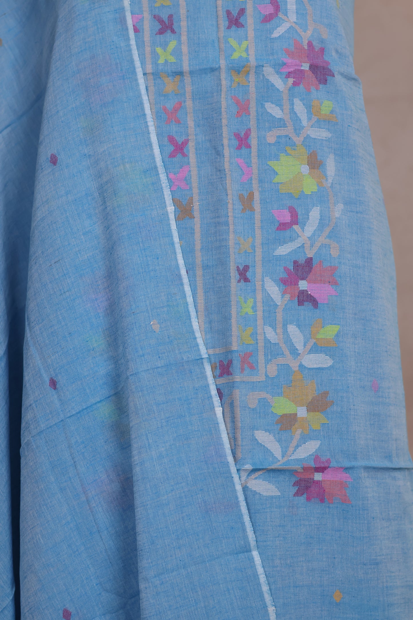 Powder Blue Handwoven Jamdhani weaving pure Malai cotton 2 piece suit sets | Looms & Tassels