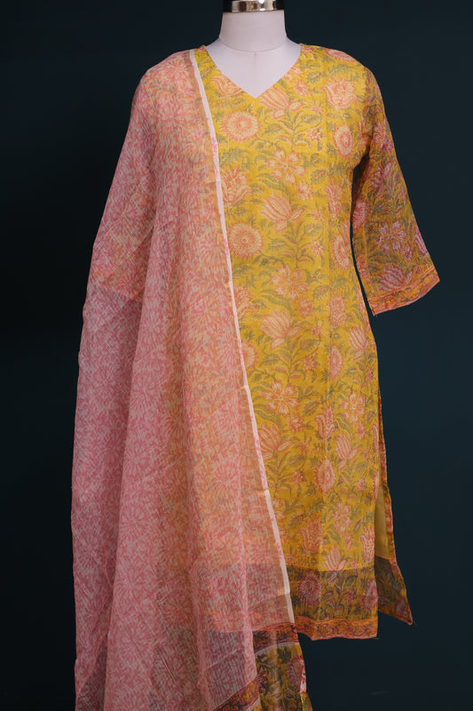 Yellow Handblock printed kota 3 piece suit (stitched)