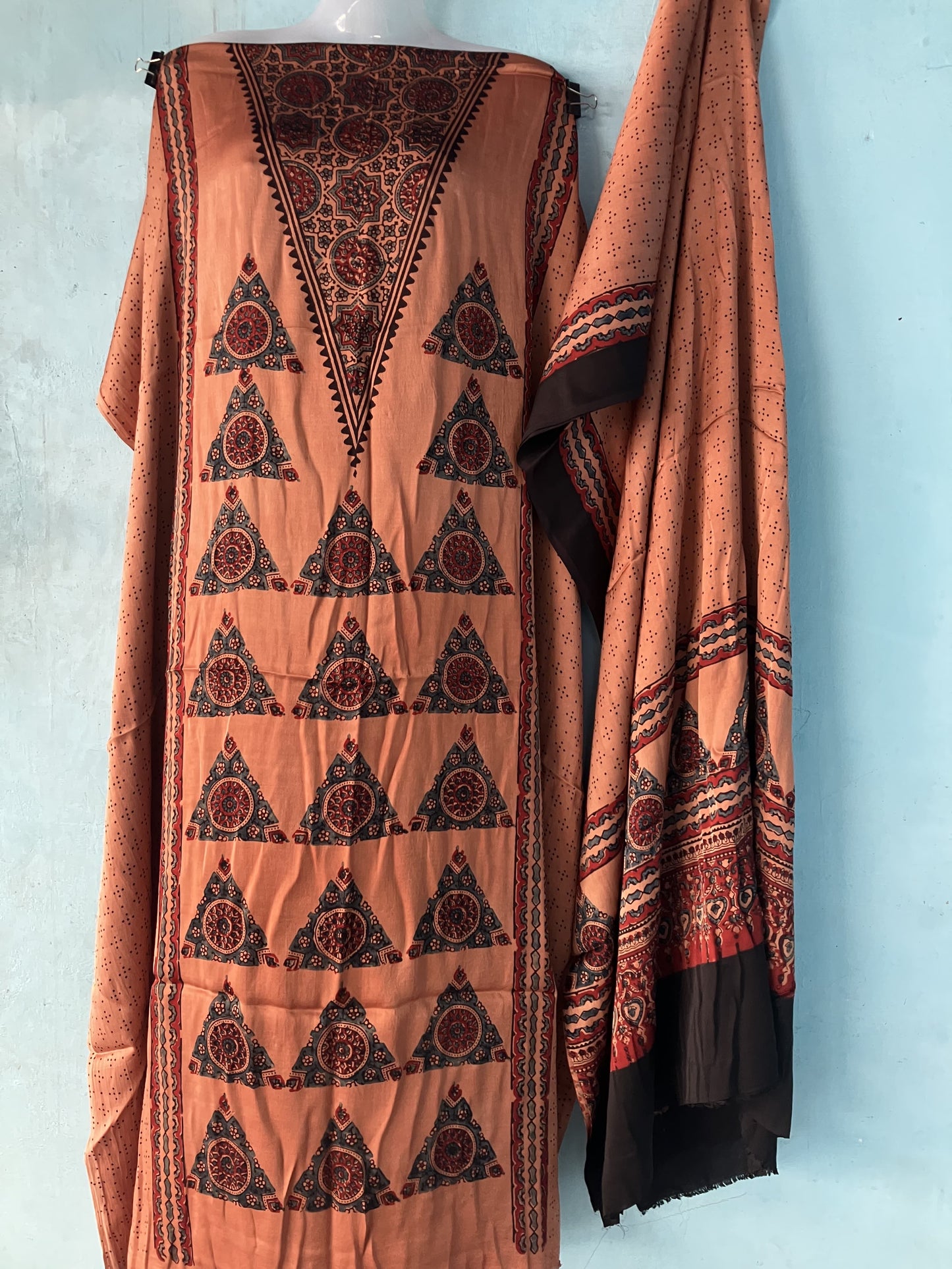 Peach Orange Geometric Ajrakh Handblock Printed Modal Silk 2 Piece Suit Set