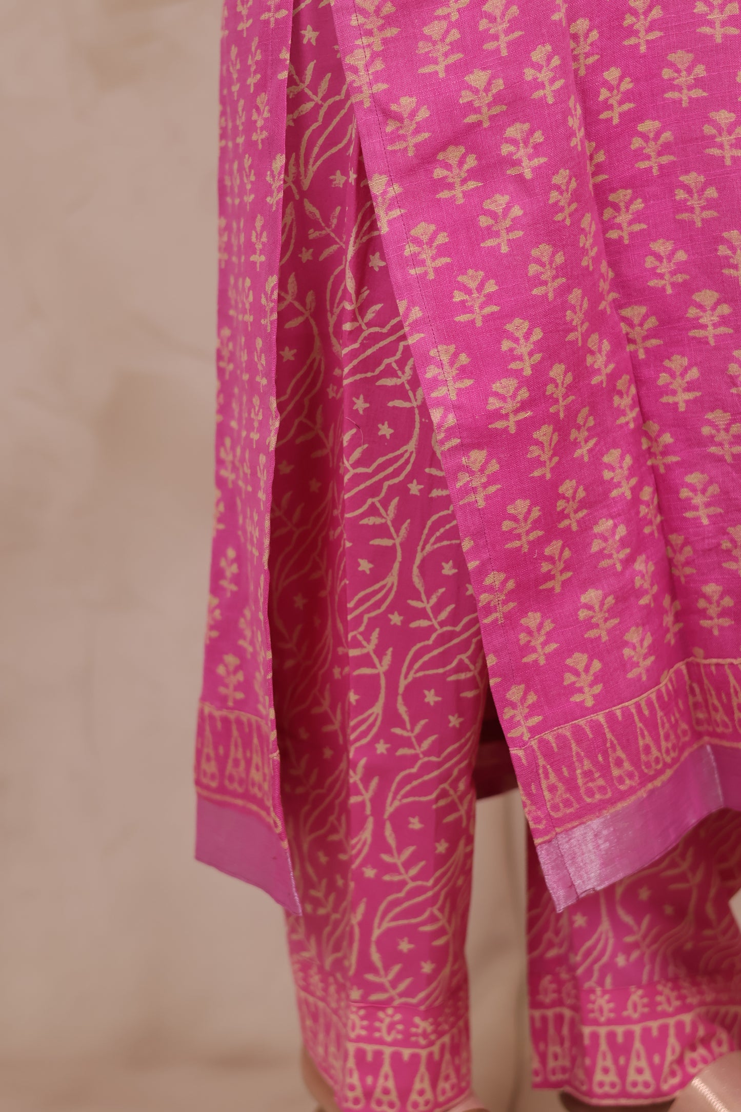Pink Linen Cotton Handblock printed 3 piece suit (stitched)