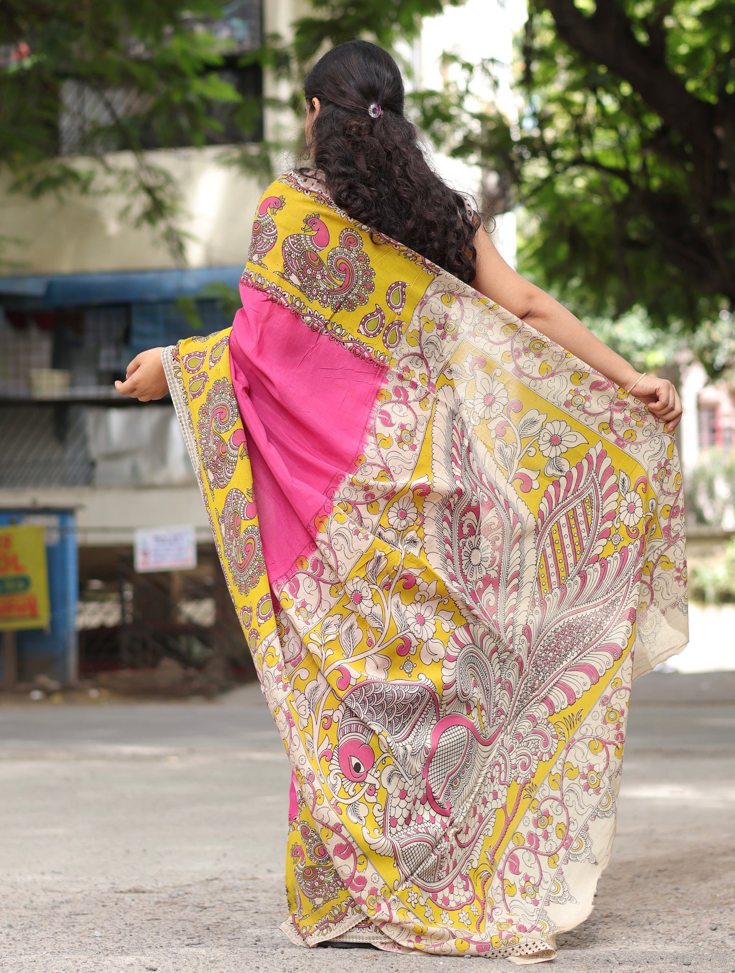 Pink & Yellow Kalamkari dyeing premium chennur silk saree