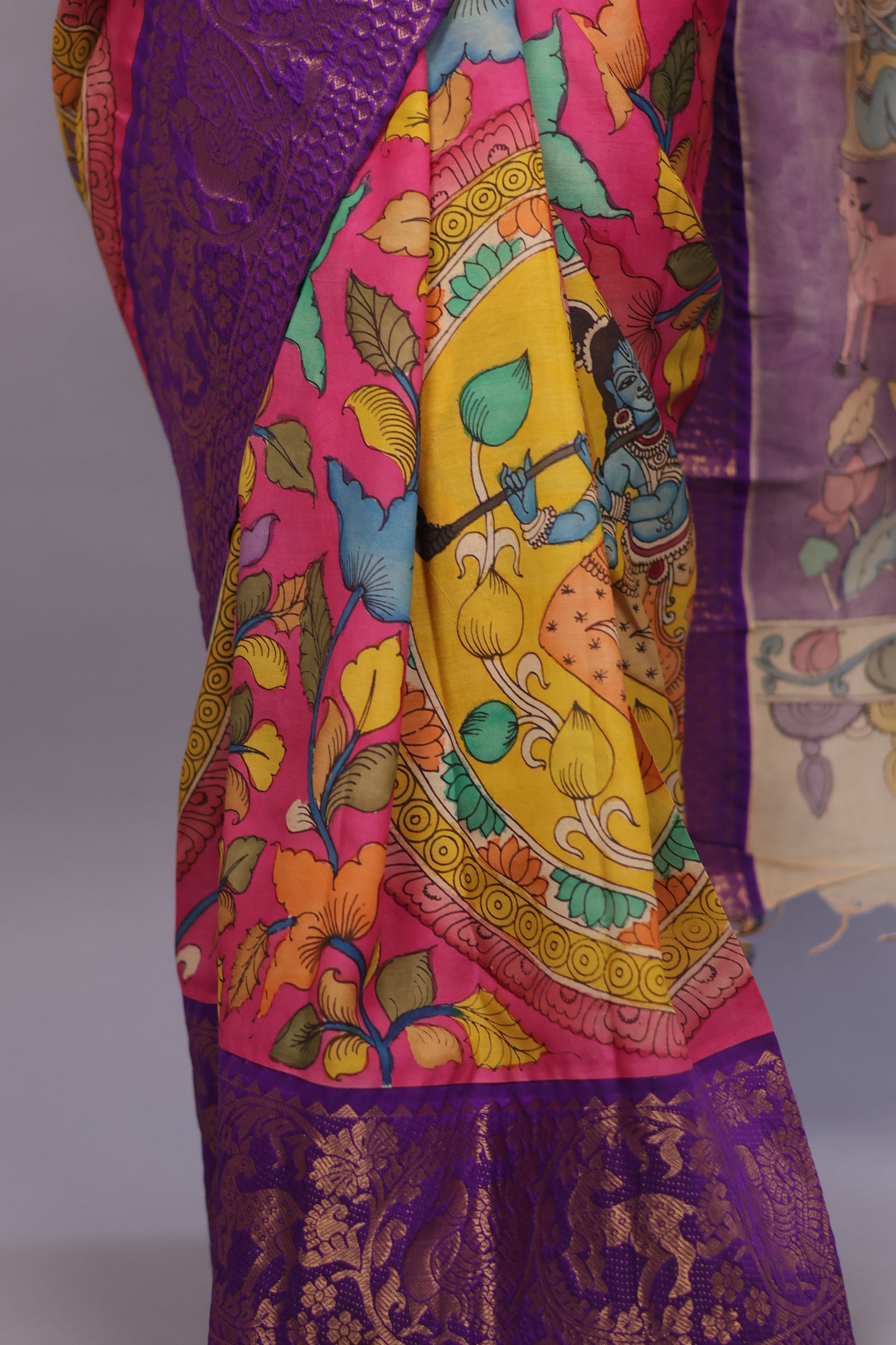 Pink Hand Painted Pen Kalamkari Silk Saree