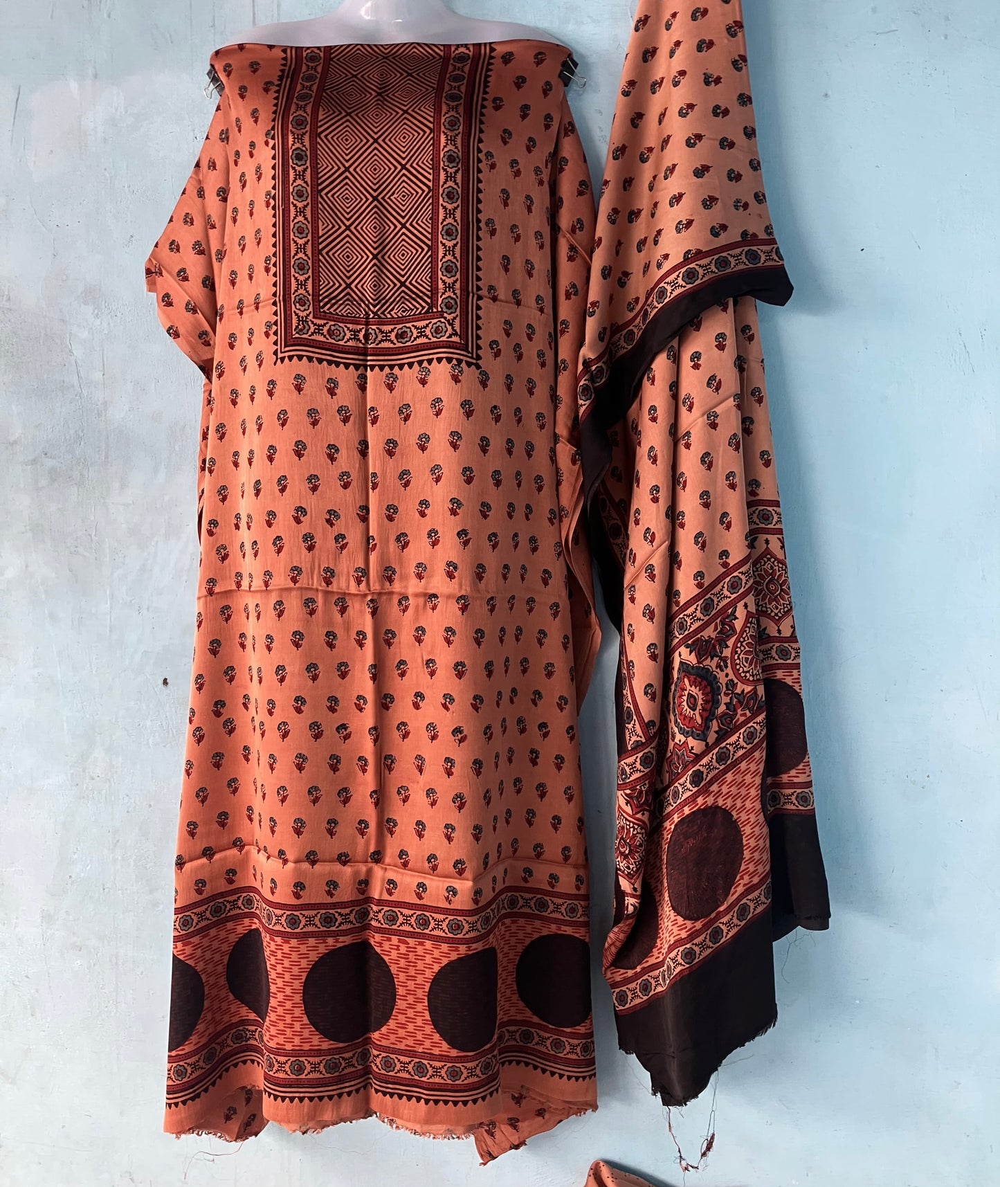 Peach Orange Small Floral Butta Ajrakh Handblock Printed Modal Silk 2 Piece Suit Set