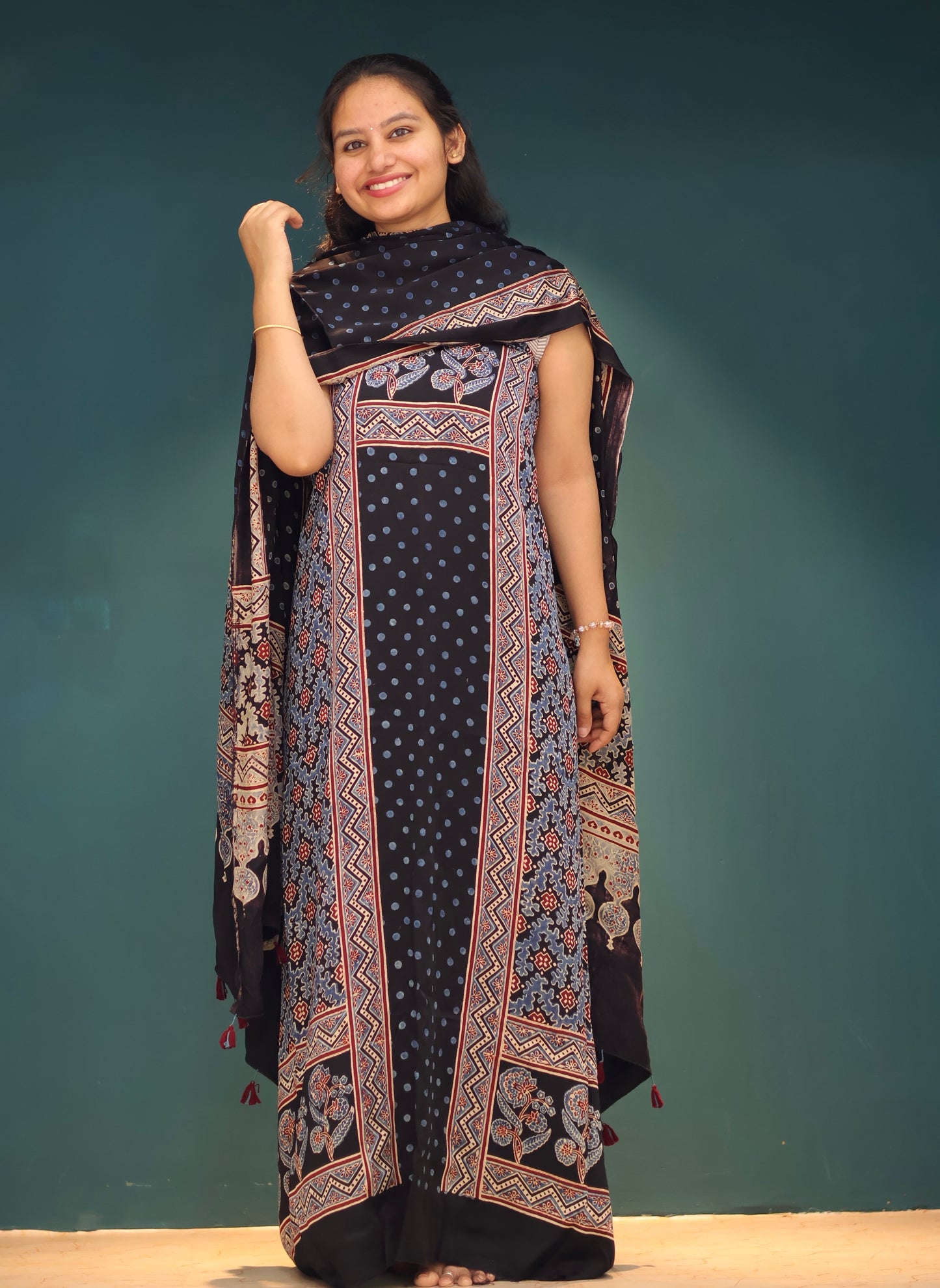 Black Handblock printed Ajrakh modal silk 2 piece suit set