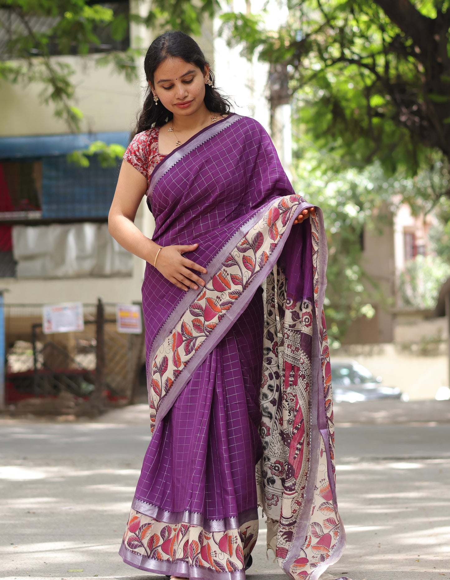 Purple Checks Kalamkari dyeing premium chennur silk saree