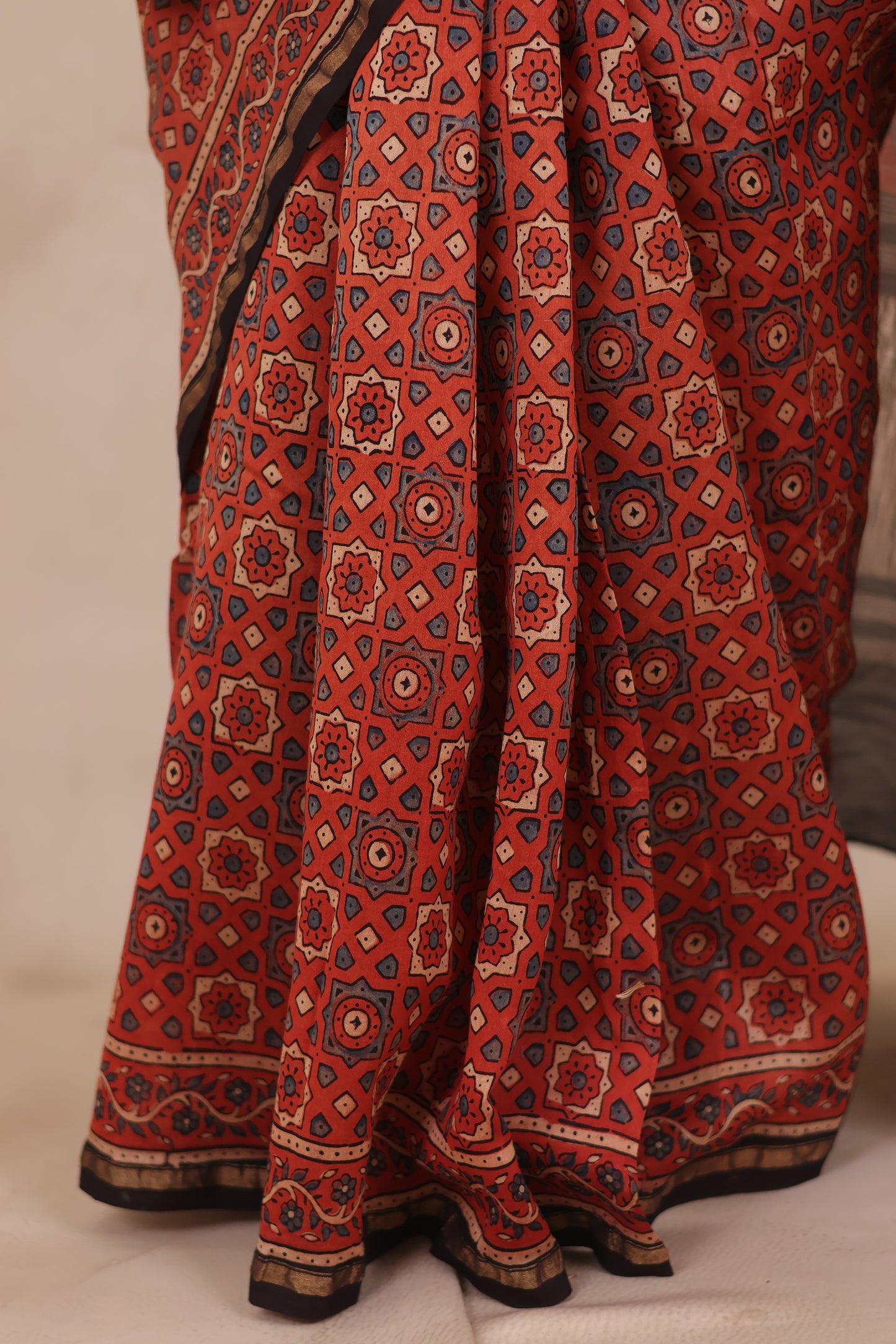 Maheswari Silk Cotton Ajrakh Handblock Printed Saree | Looms & Tassels