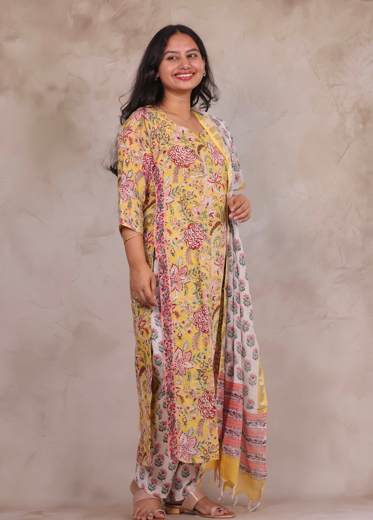 Yellow Linen Cotton Handblock printed 3 piece suit (stitched)