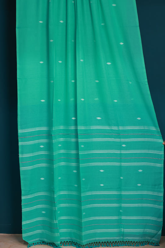 Sea green Pure Handwoven Malai Cotton Saree with Butta Weaving