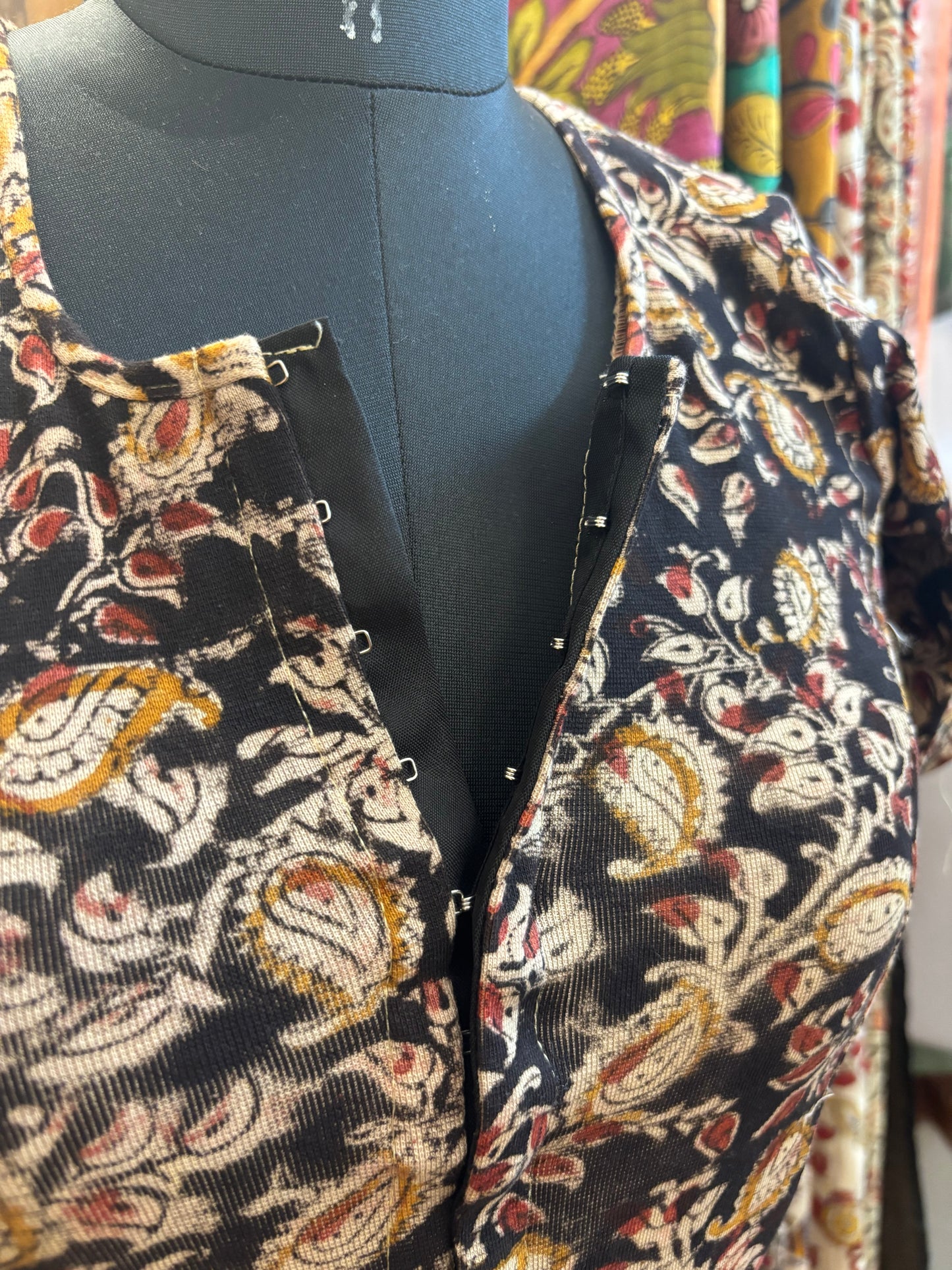 Black Round neck Stretchable Hand block printed kalamkari blouse with front hooks