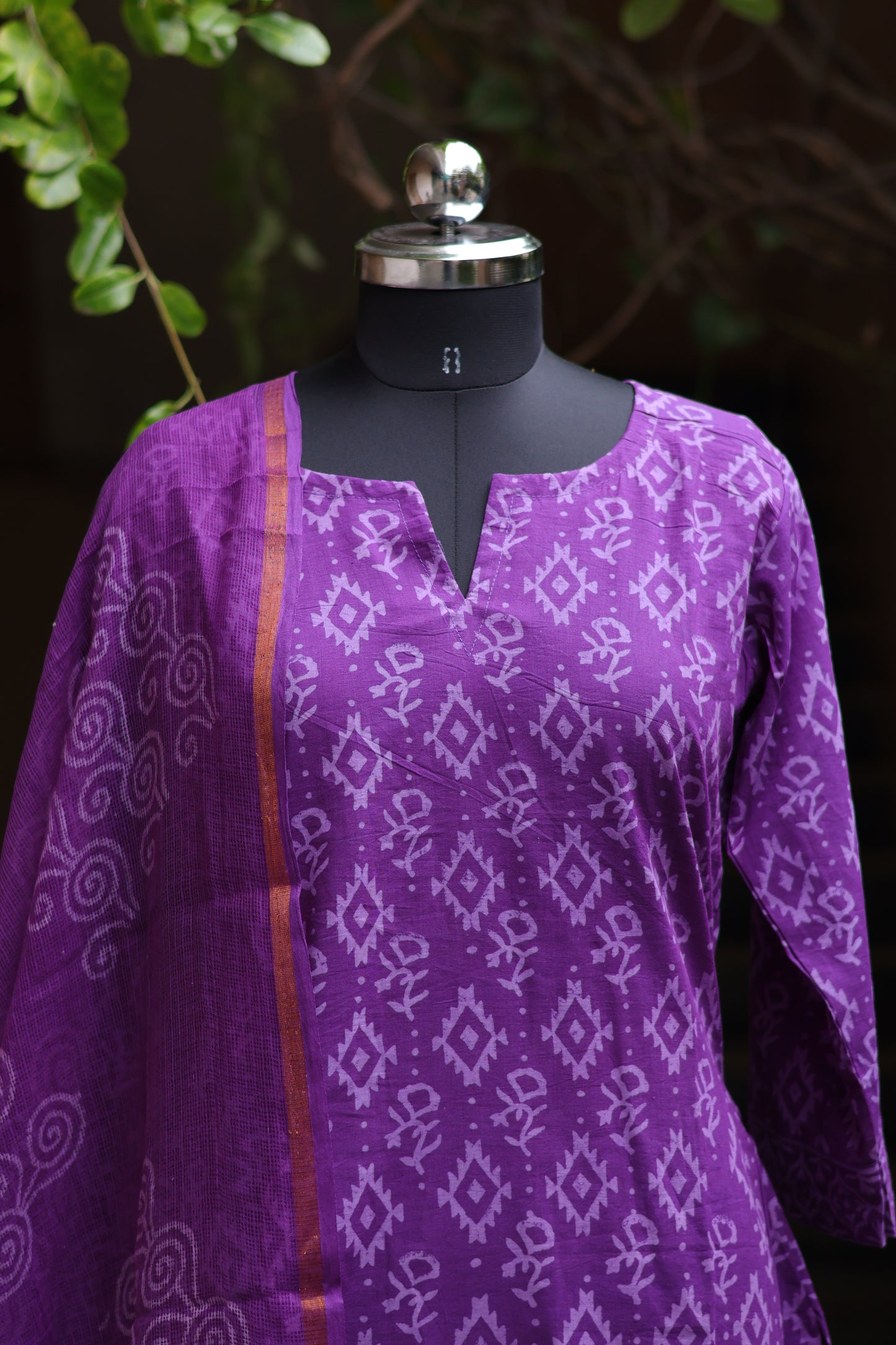 Purple Handblock printed Pure Mul Cotton with Kota Doria Duppata 3 piece suit (stitched)
