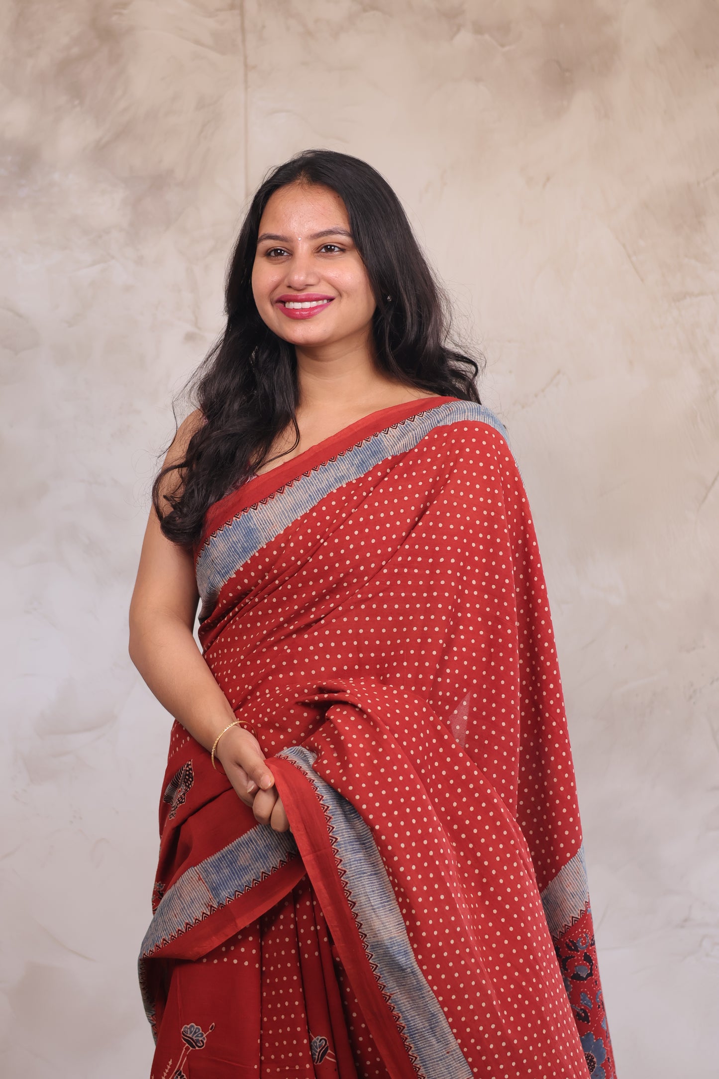 Red Ajrakh Hand Block Printed Mul Cotton Saree | Looms & Tassels