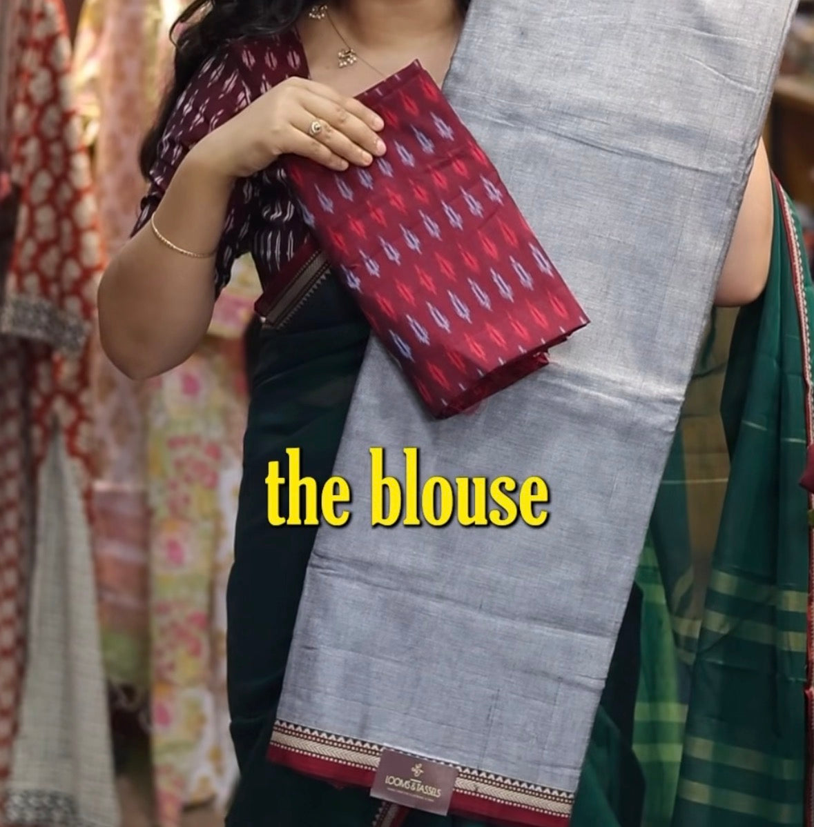 Grey Narayanpet Cotton Saree with Ikkat Blouse Piece | Looms & Tassels