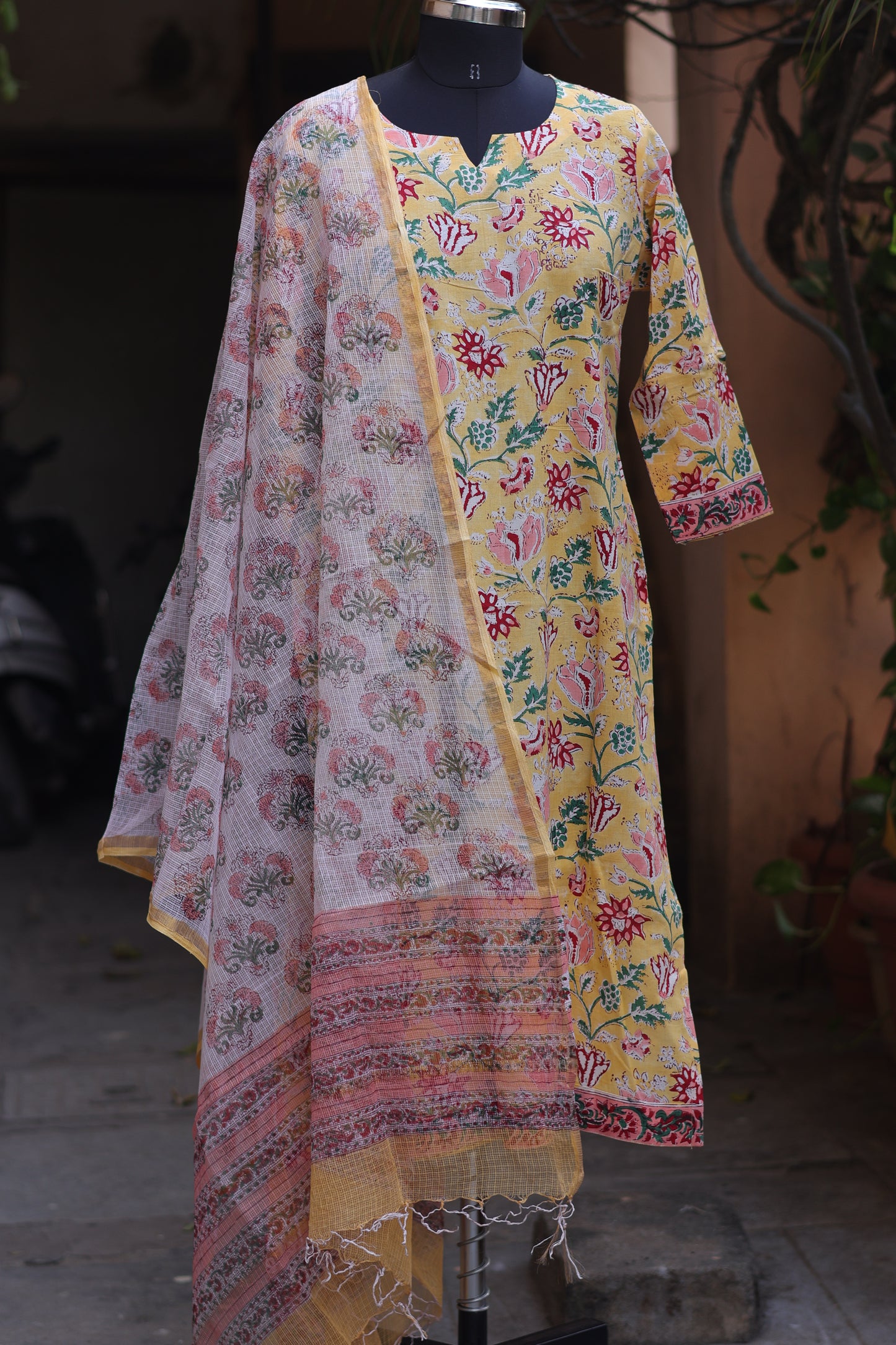 Yellow Handblock printed Pure Mul Cotton with Kota Doria Duppata 3 piece suit (stitched)