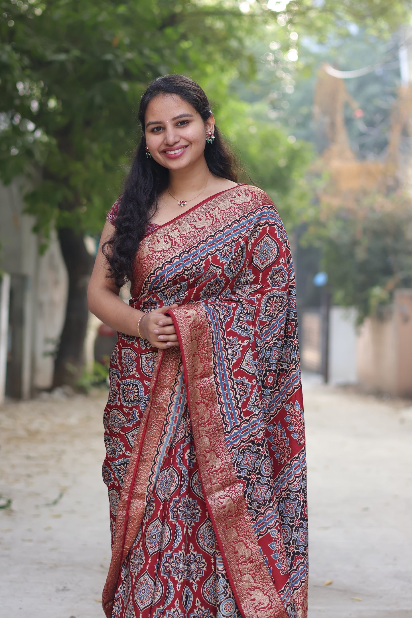 Red Traditional Badam Butta Ajrakh Handblock Printed Dola Silk Saree