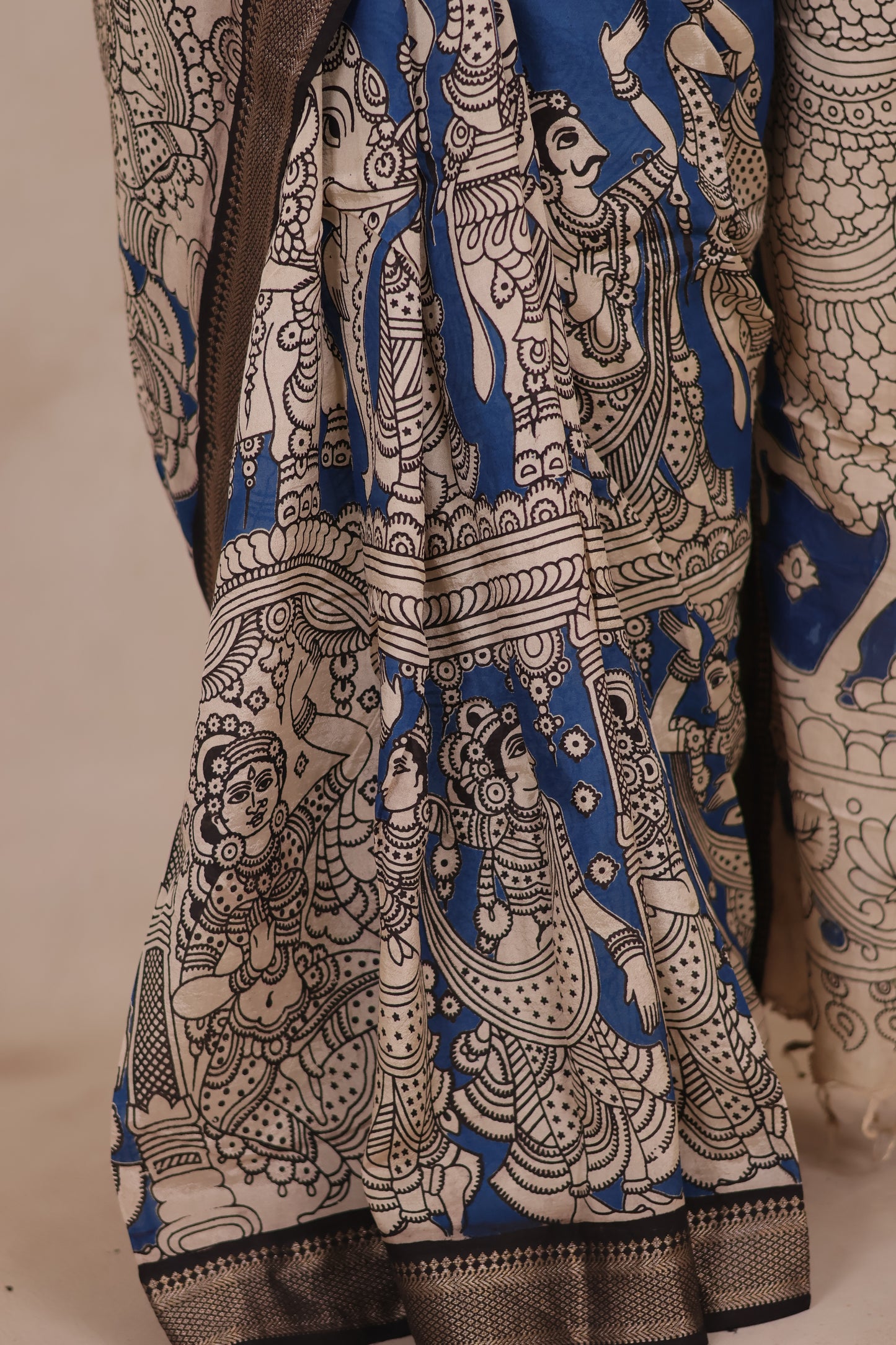 Cyan Blue Story Telling Kalamkari Nizam Border Chennur Silk Saree | Looms & Tassels
