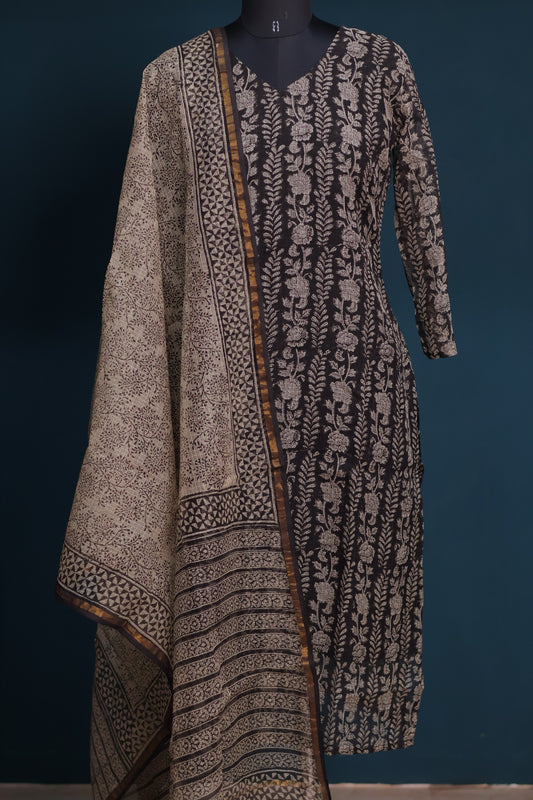 Black Handblock printed kota 3 piece suit (stitched)