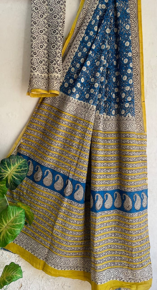 Blue Bagru Handblock printed MulMul cotton saree