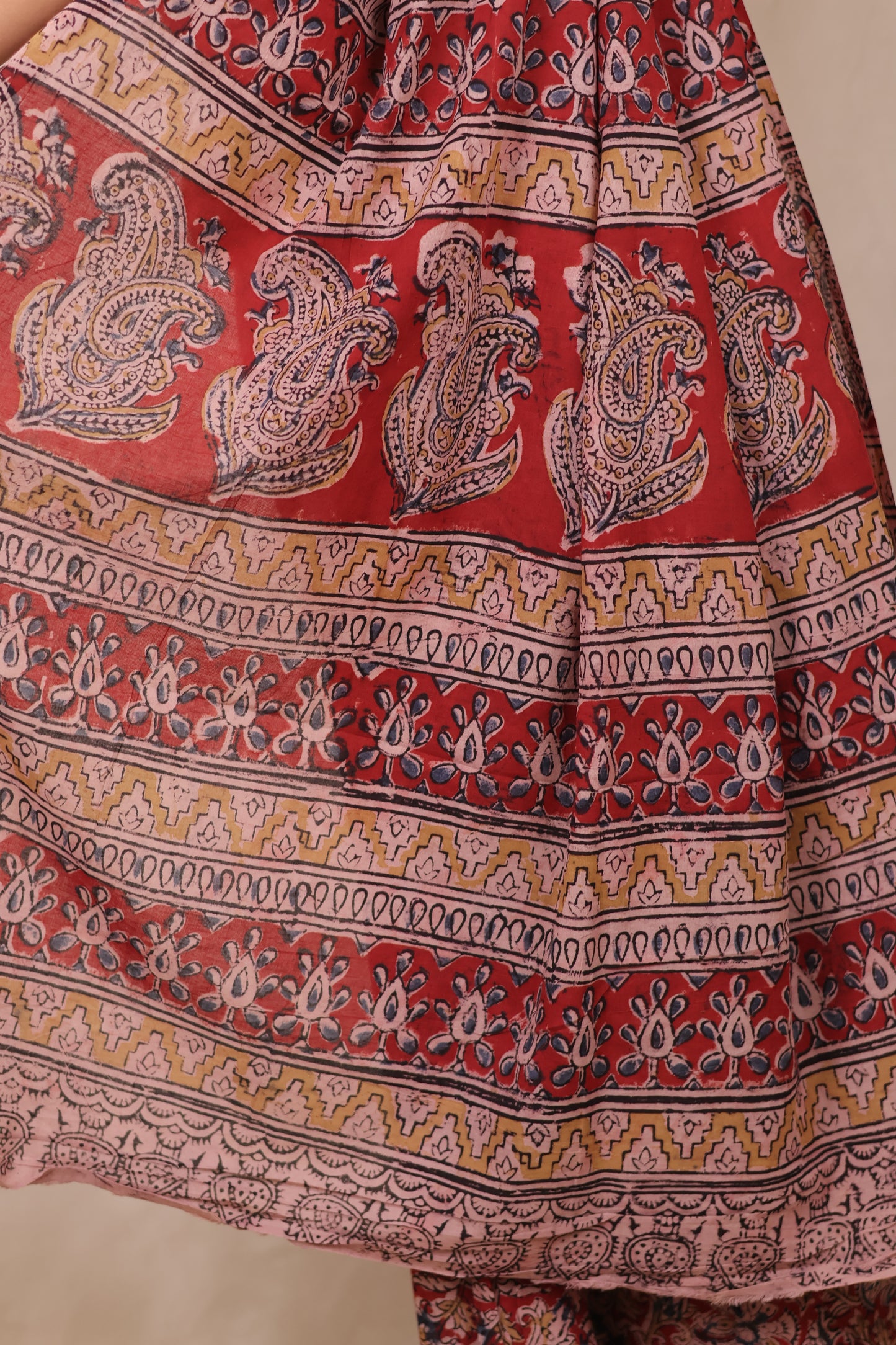 Red Hand Block Printed Kalamkari Cotton Saree | Looms & Tassels