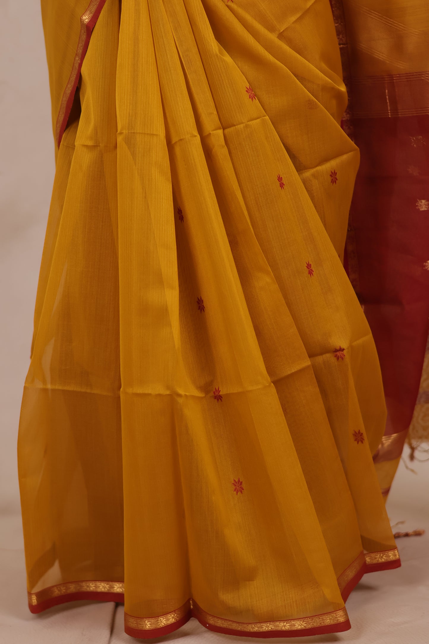 Mustard Handloom Maheswari Silk Cotton Sarees | Looms & Tassels