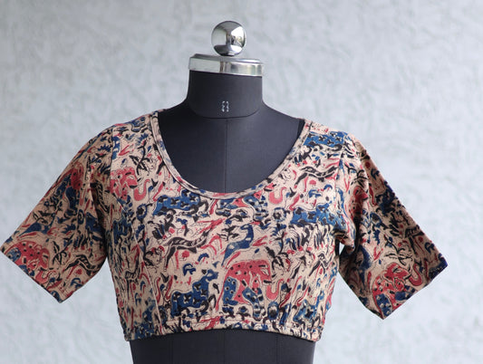 Round Neck Stretchable Hand block printed kalamkari blouse