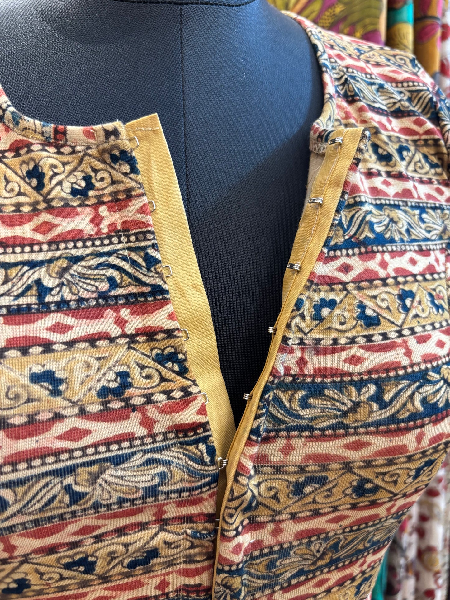 Green Round neck Stretchable Hand block printed kalamkari blouse with front hooks