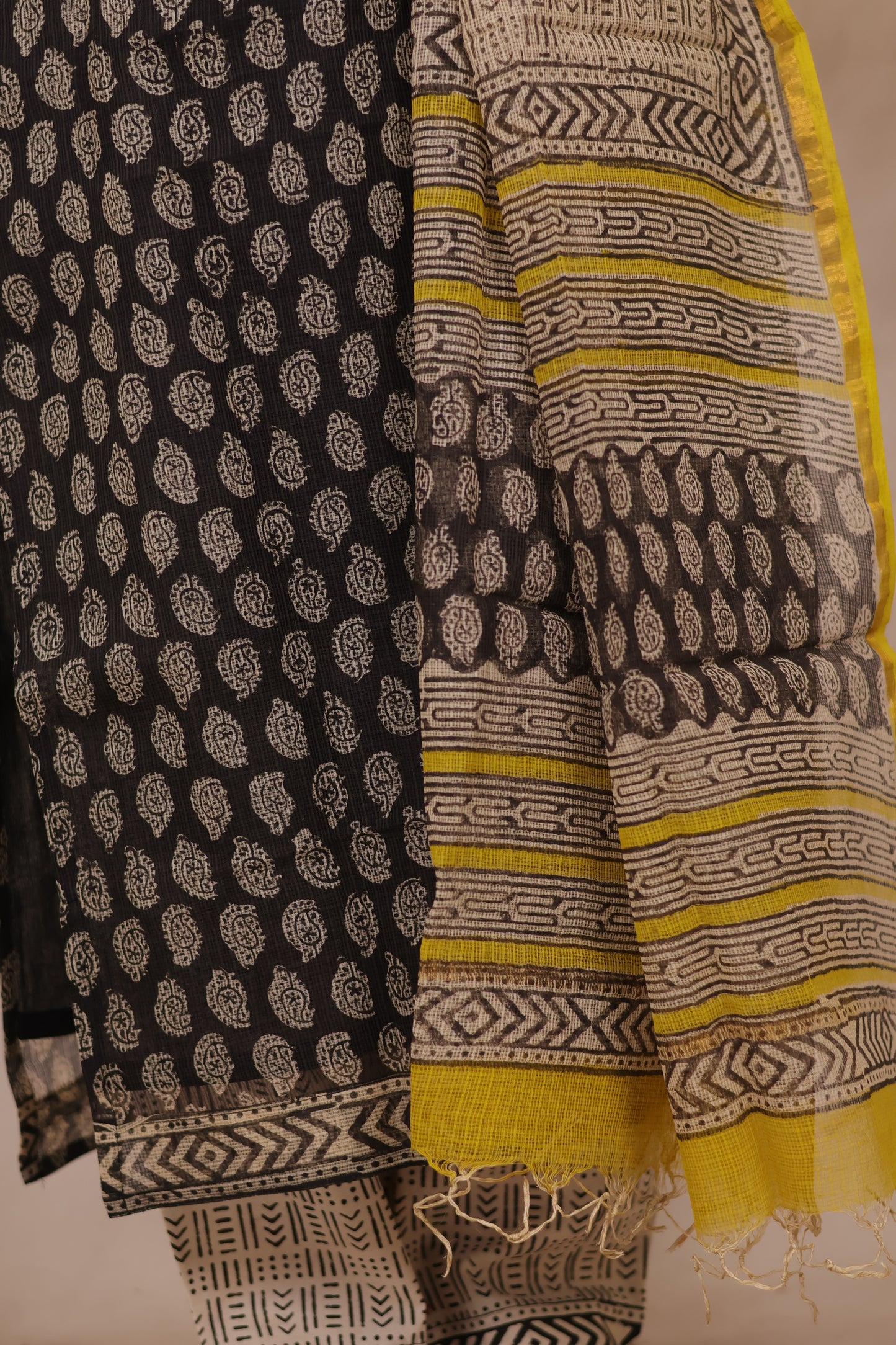 Black Handblock printed kota 3 piece suit (stitched)